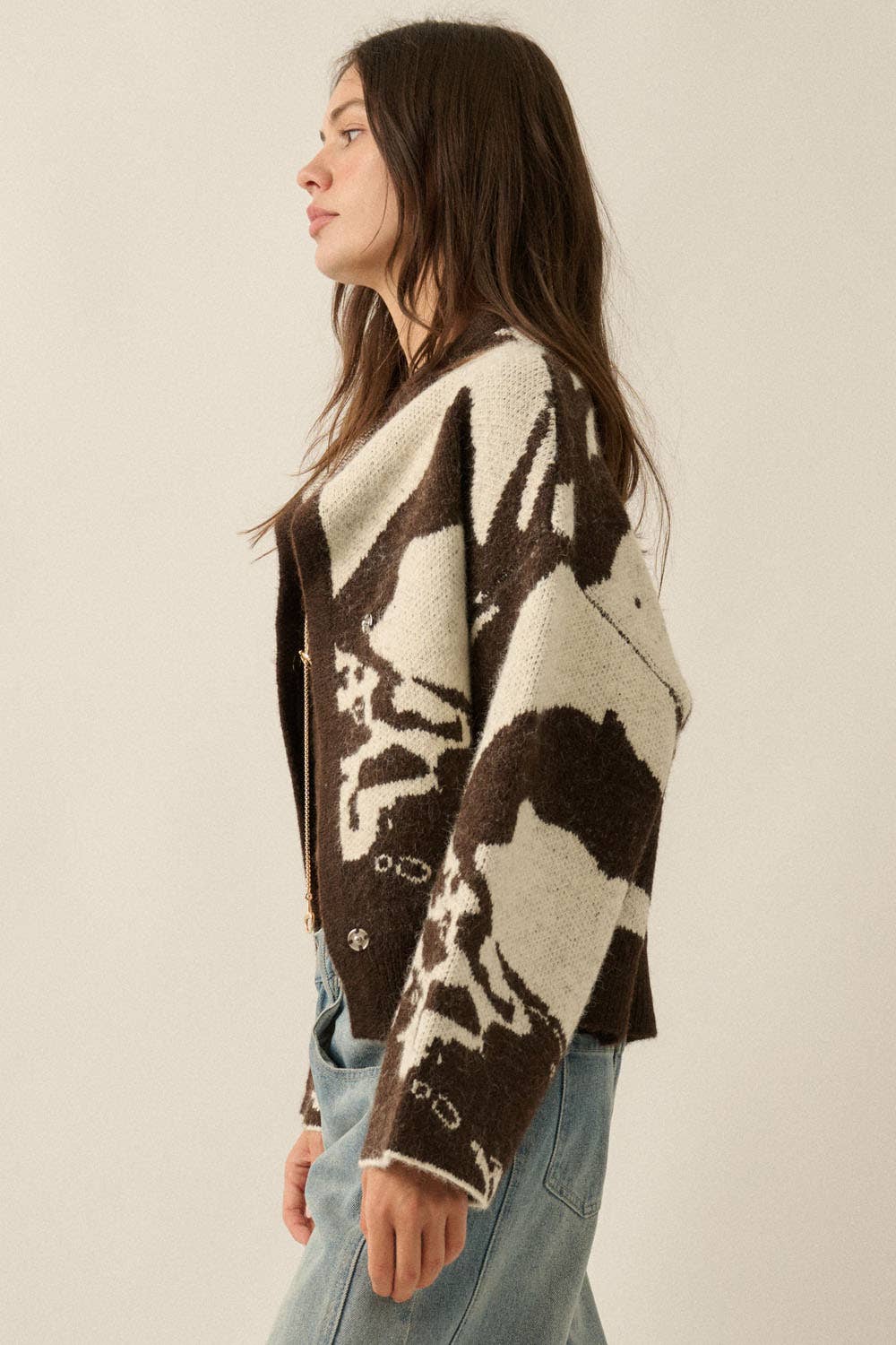 Abstract Jacquard-Knit High-Collar Offset Sweater Jacket