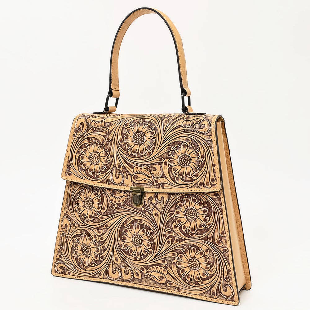 Hand-Tooled Leather Flap Tote Bag