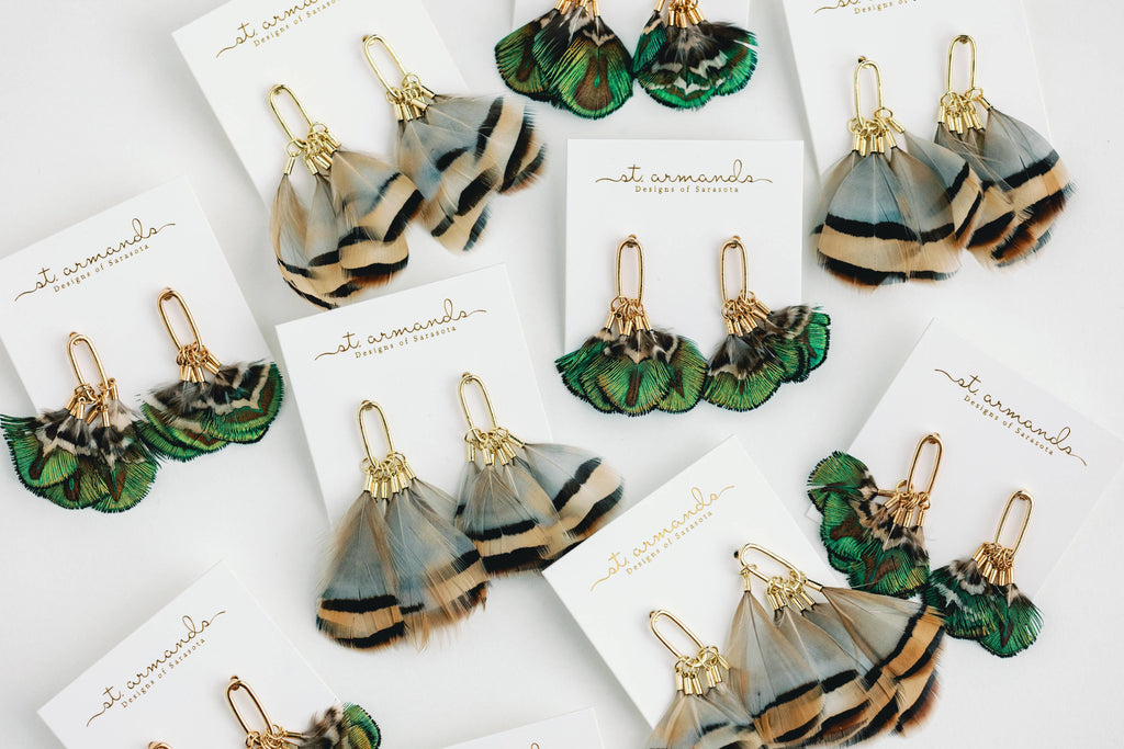 Brown Striped Fall Feather Statement Tassel Earrings