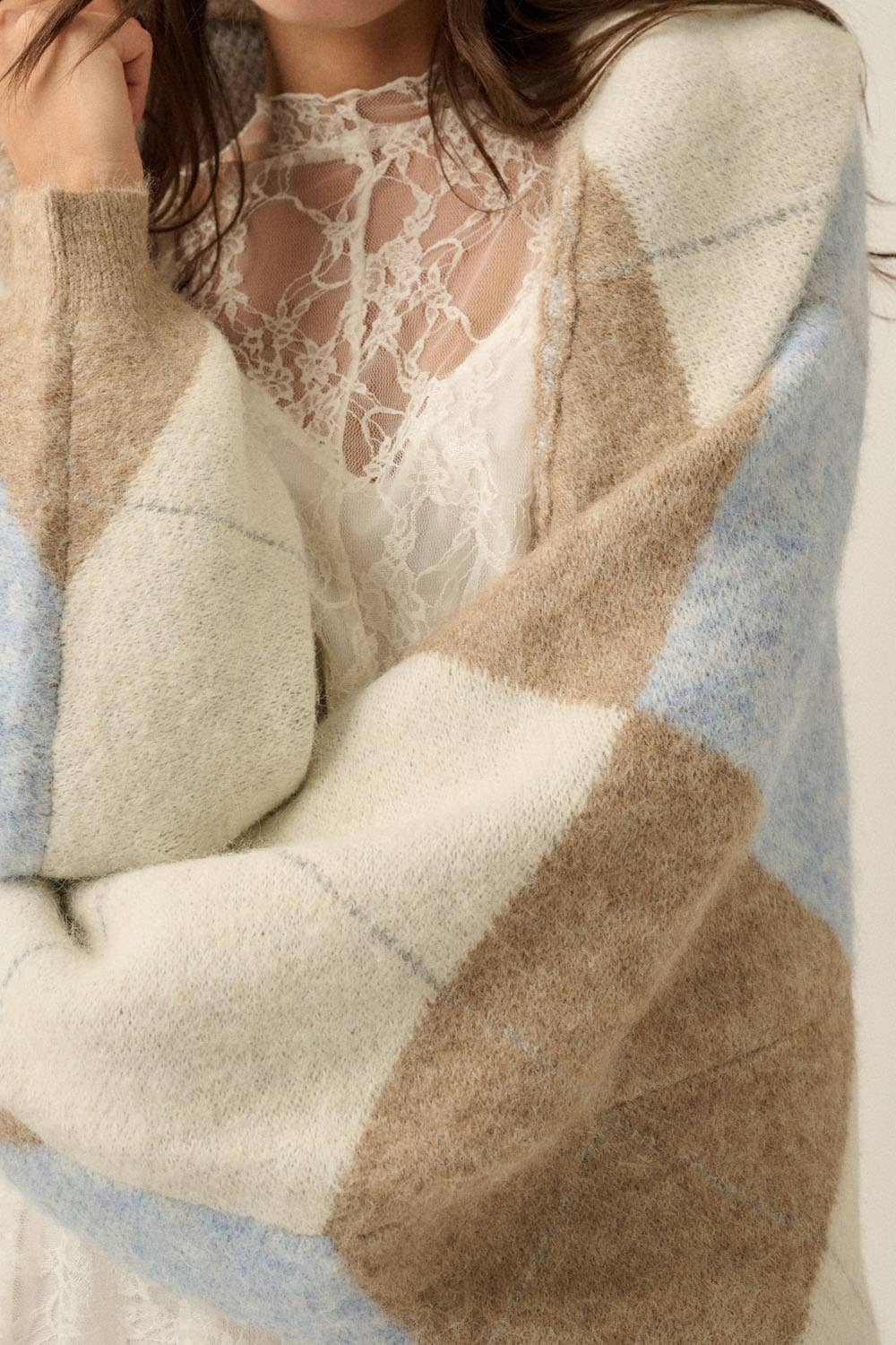 Argyle Jacquard-Knit Shrug Cardigan