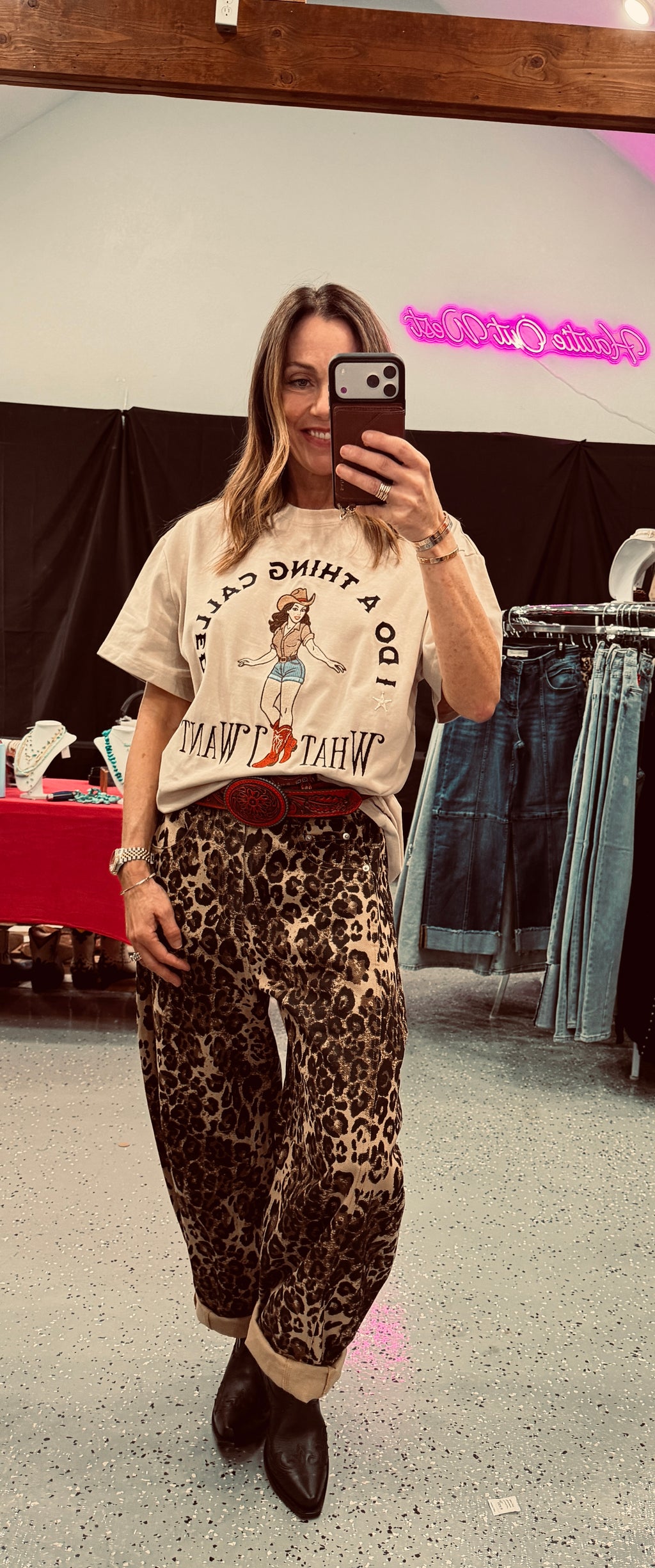 Washed Leopard Printed Barrel Jean