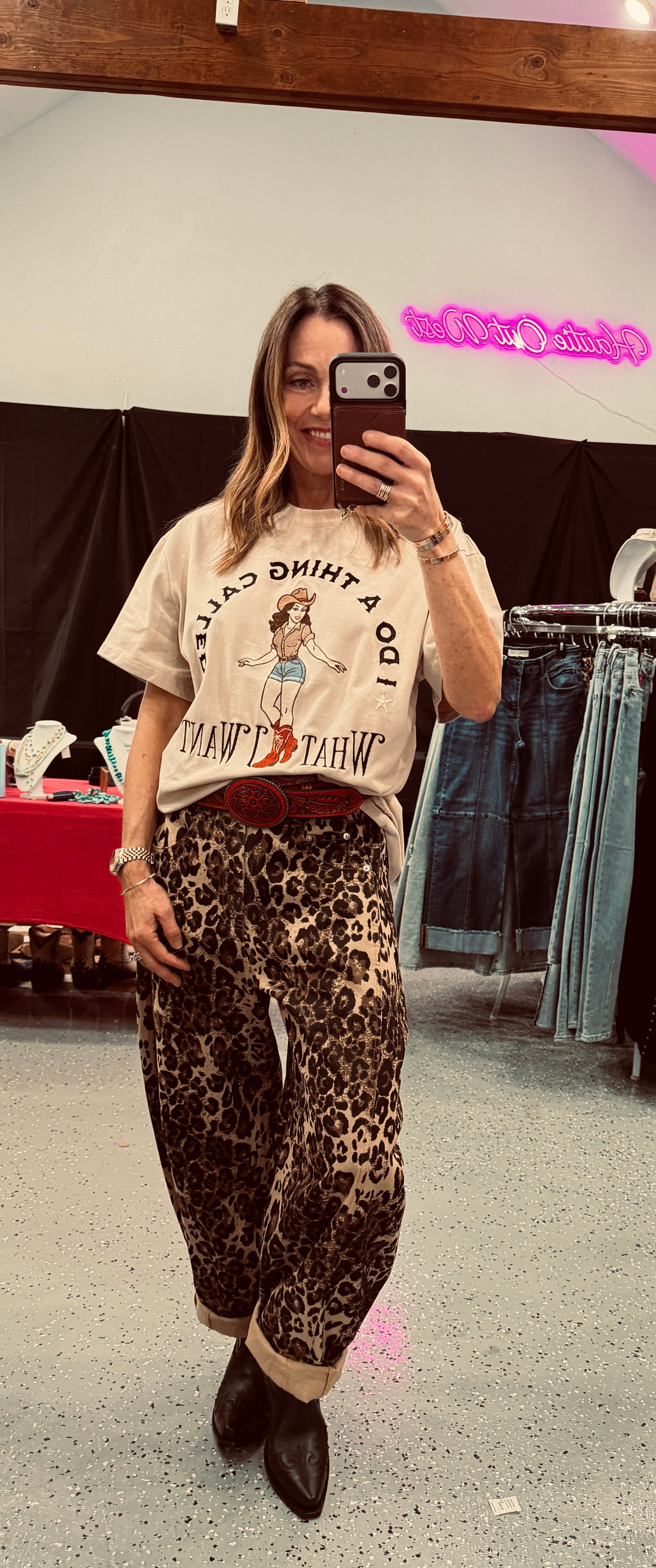 Washed Leopard Printed Barrel Jean