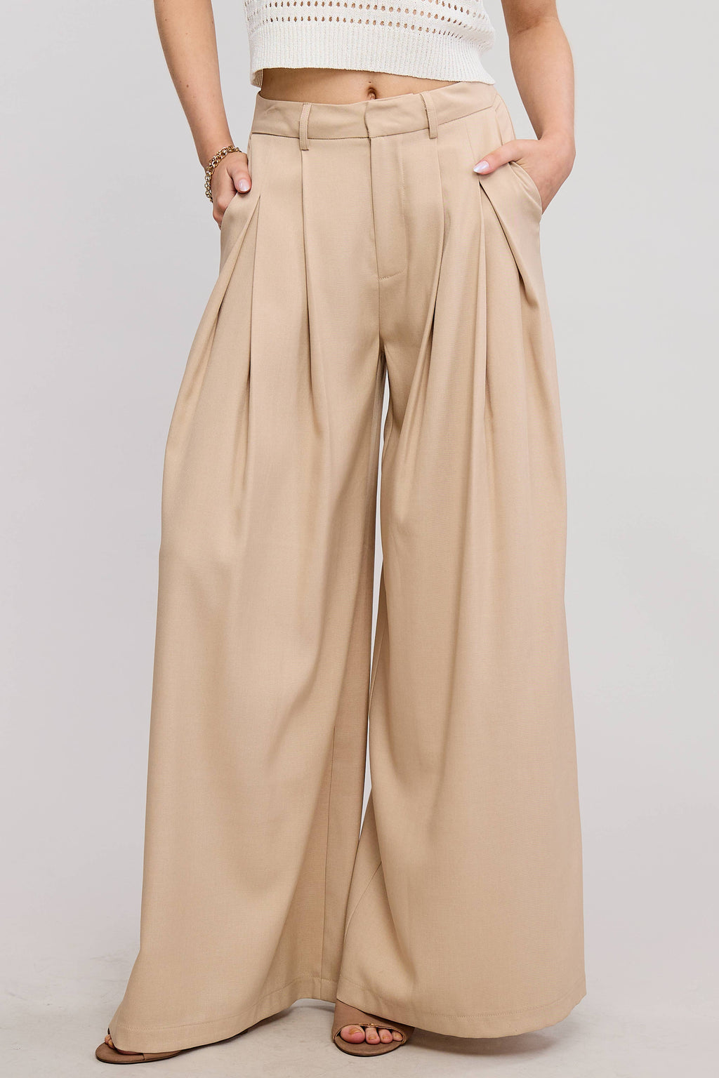 Trendy Low Waist  Wide Leg Pleated Trouser Pants