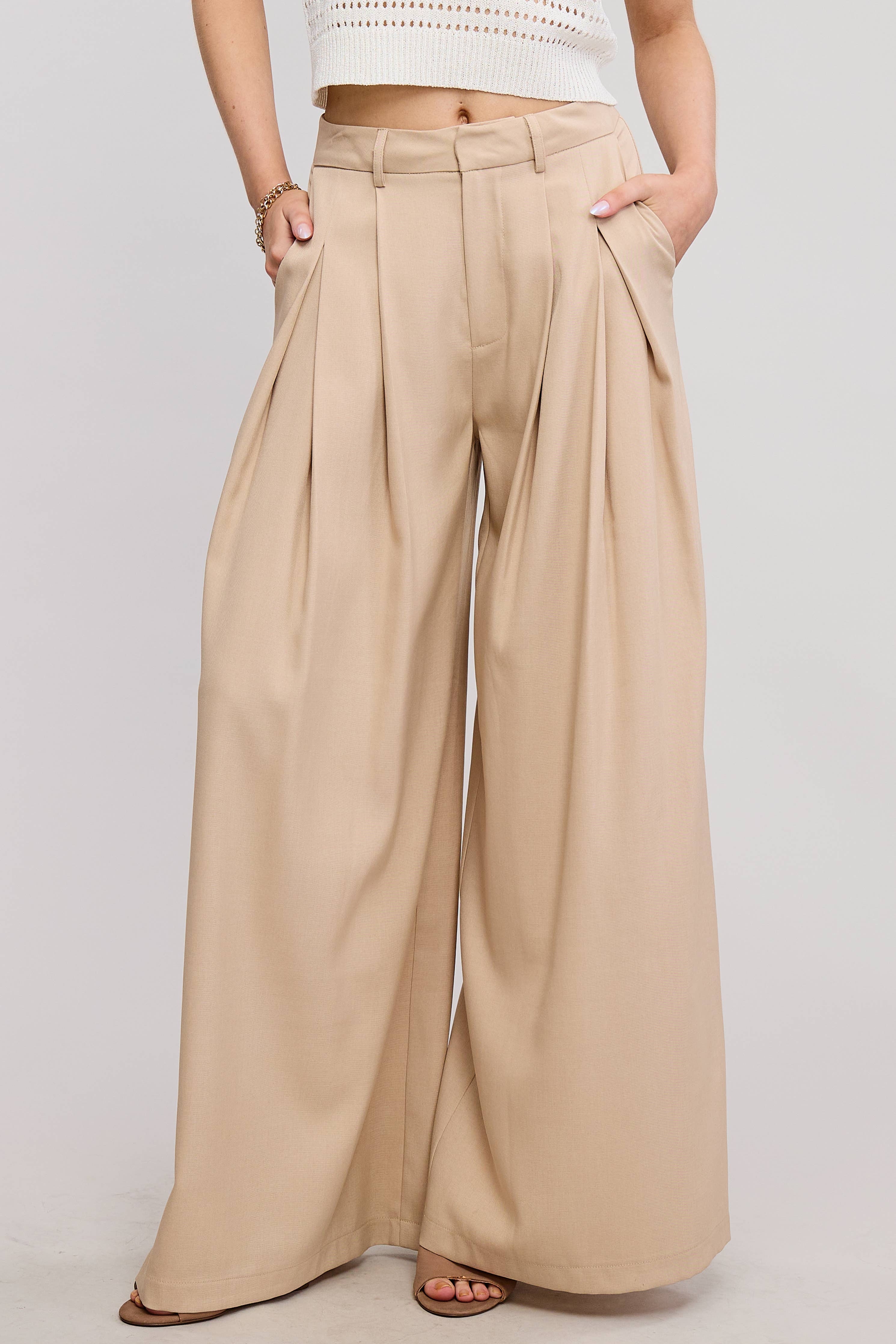 Trendy Low Waist  Wide Leg Pleated Trouser Pants