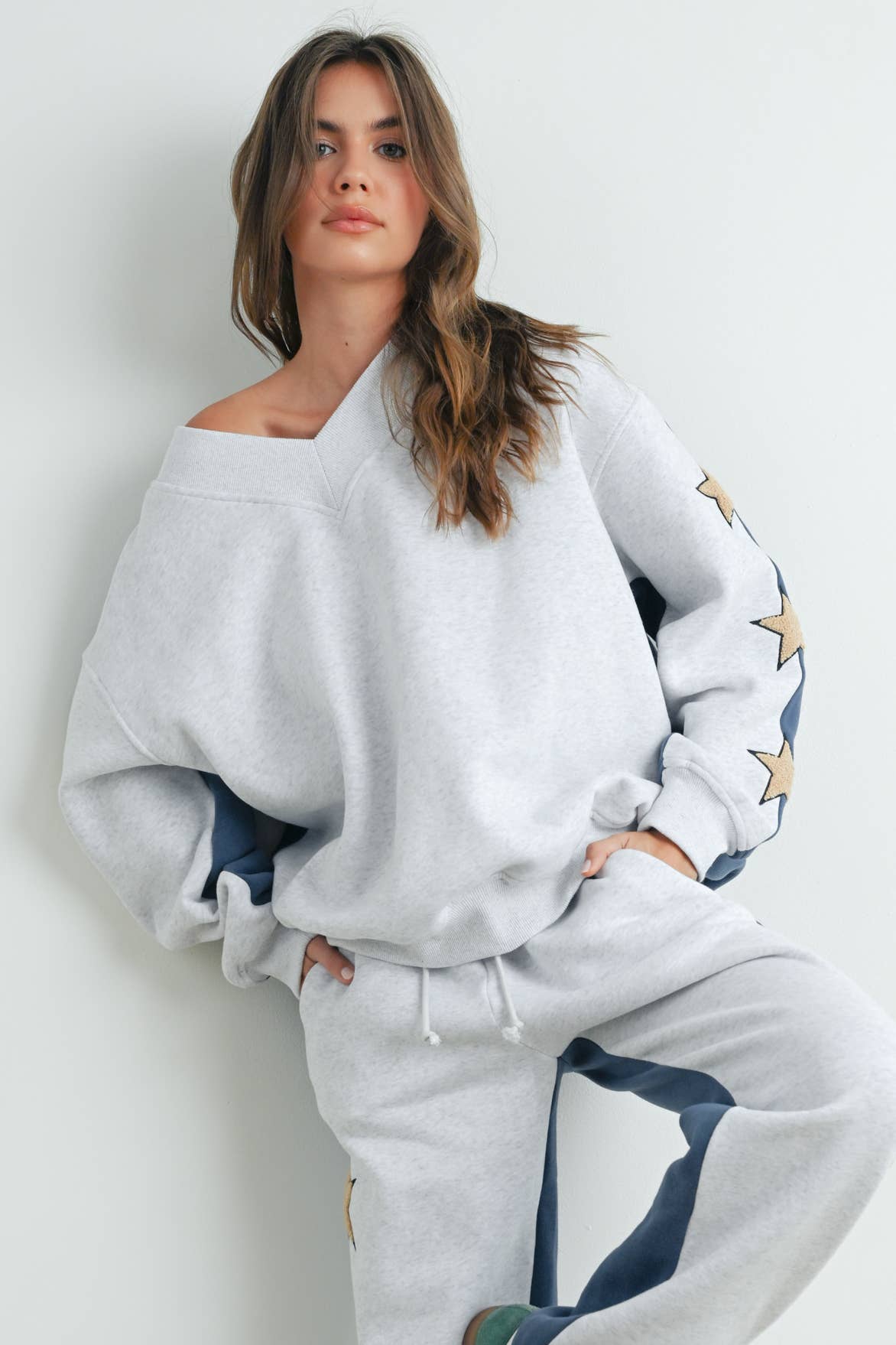 Long Sleeve Round Neck Sweatshirt with Star Detail
