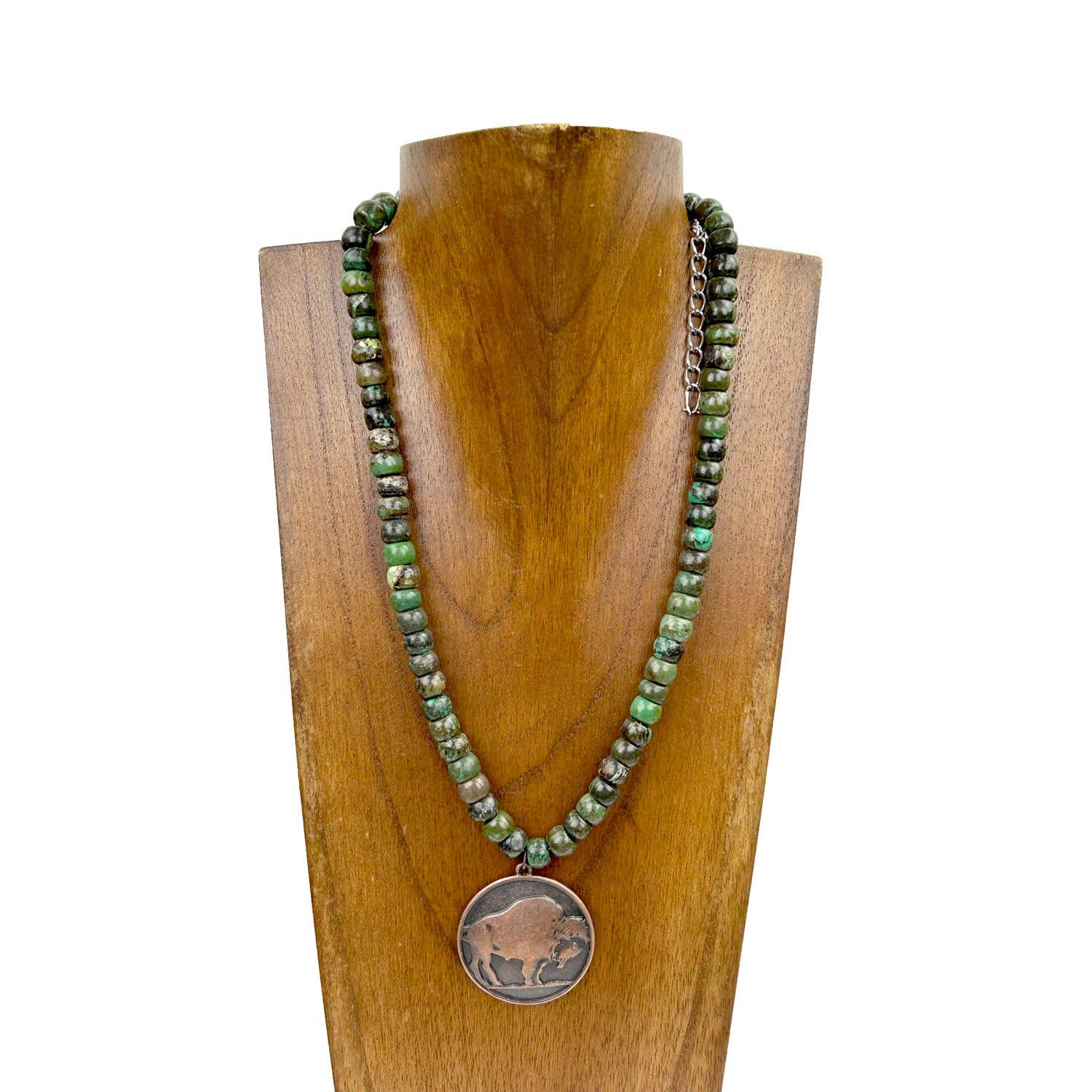 16” green turquoise stone with  copper buffalo pendant Necklace