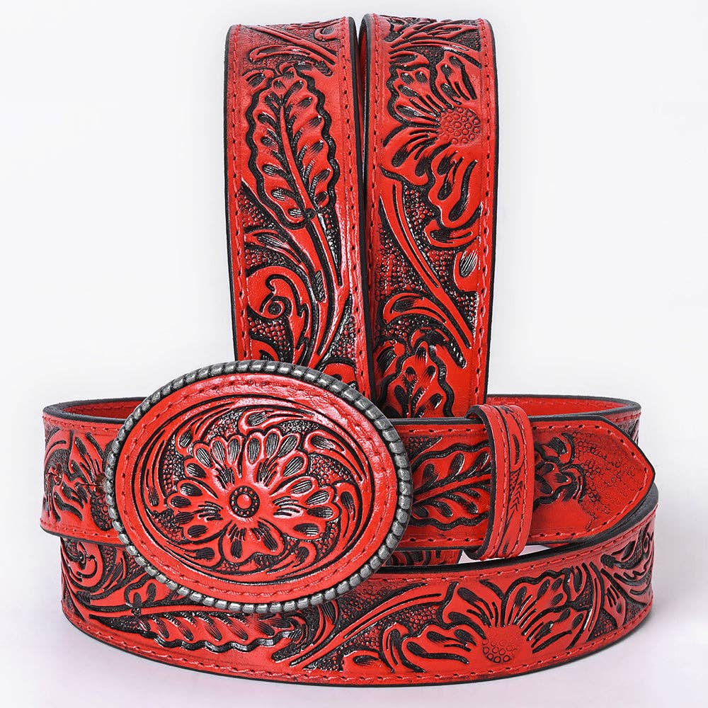 Game Day!  Red Tooled Leather Belt & Buckle