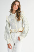 Floral Priont Ruffle Detail Knit Cardigan