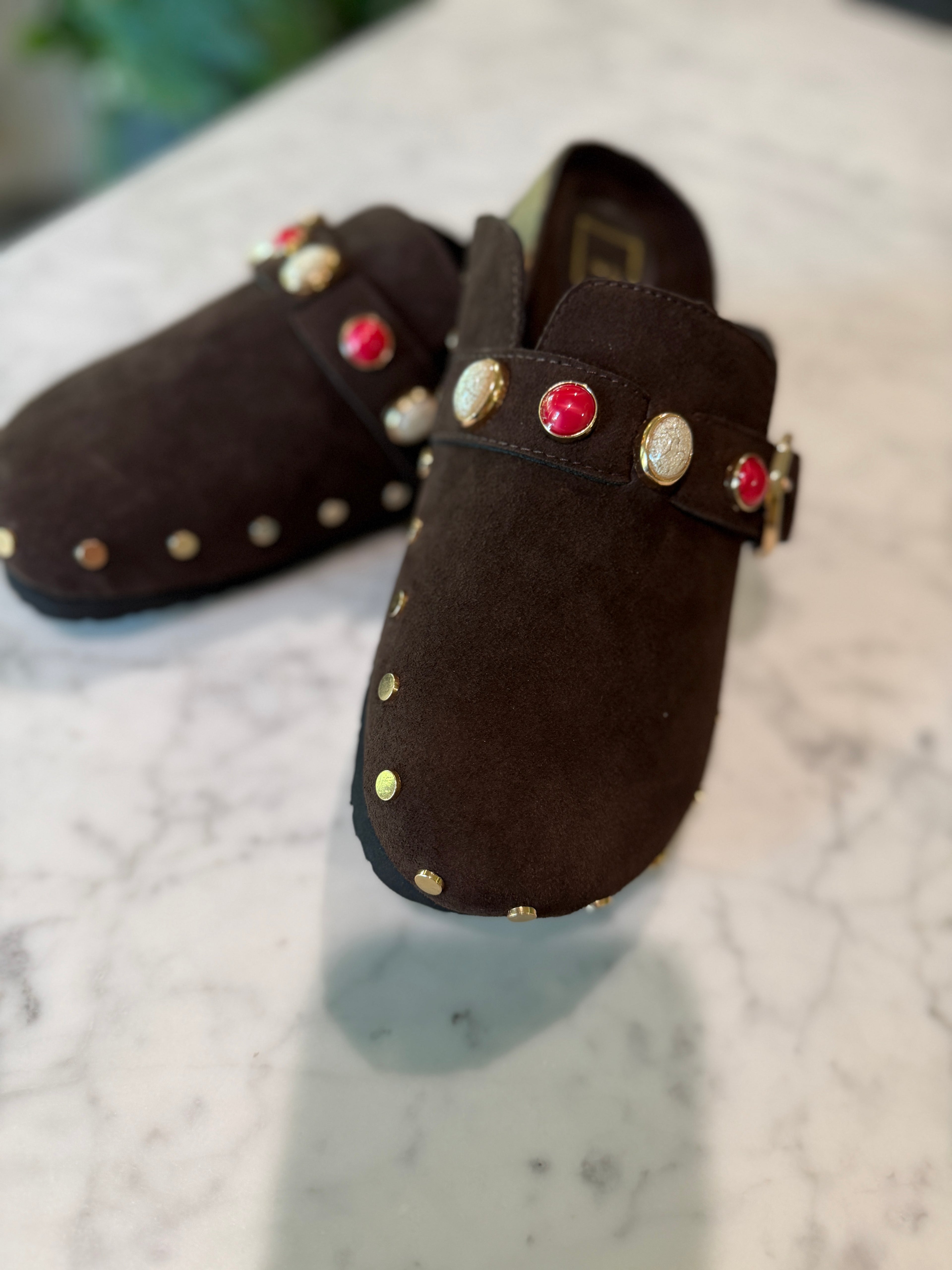 Suede Jeweled Slides