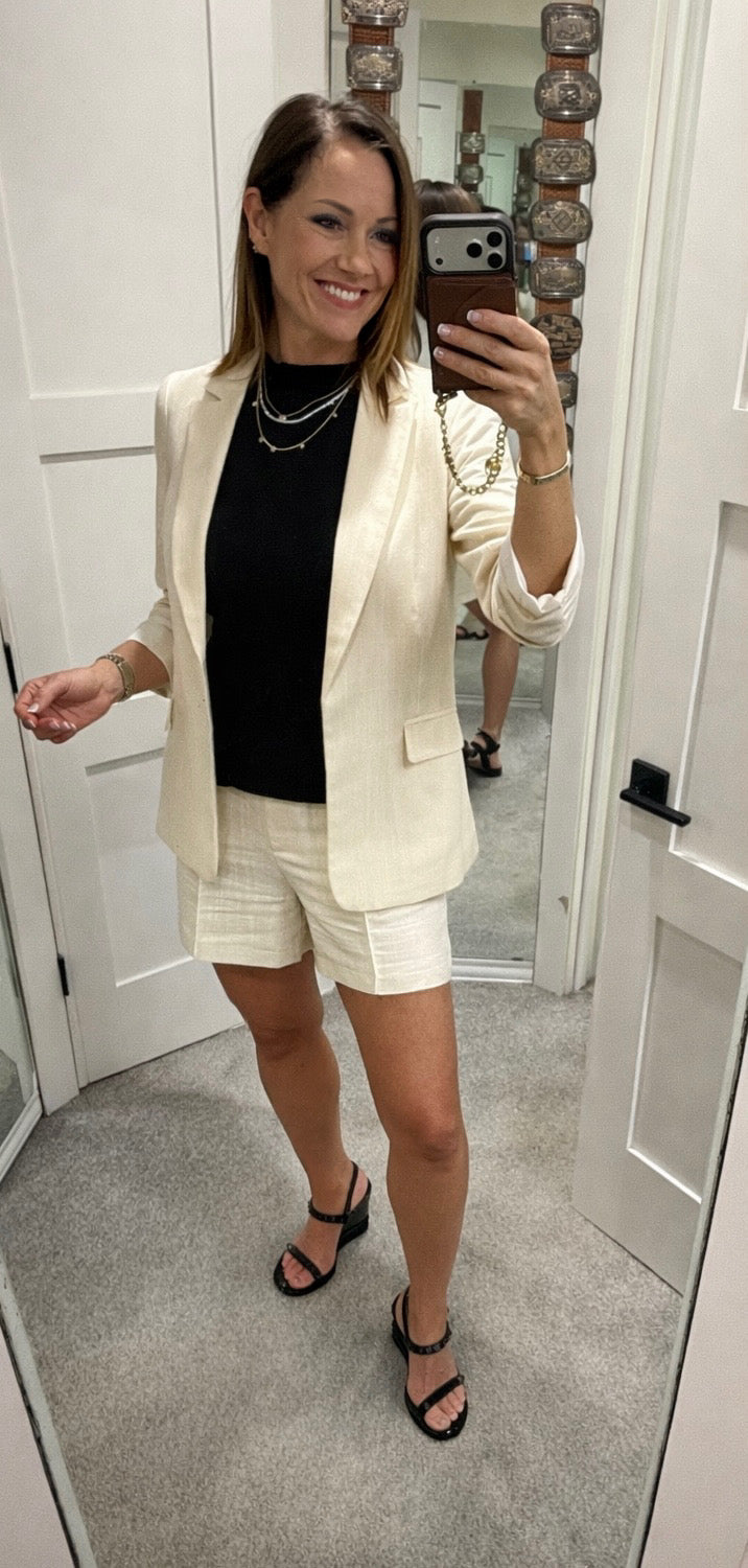 Linen Cinched Blazer and Short Set Navy or Cream