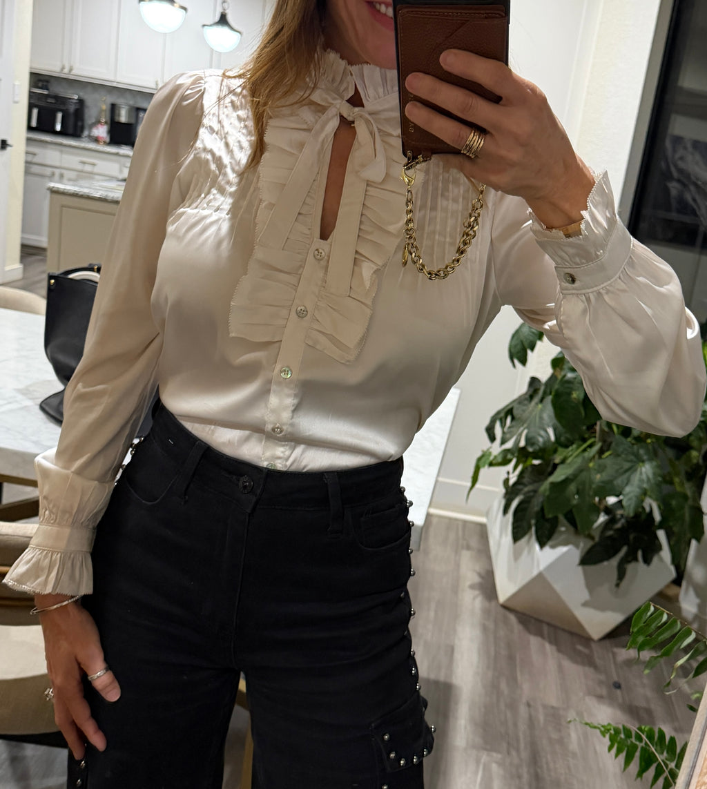 SILKY RUFFLED BUTTON DOWN SHIRT