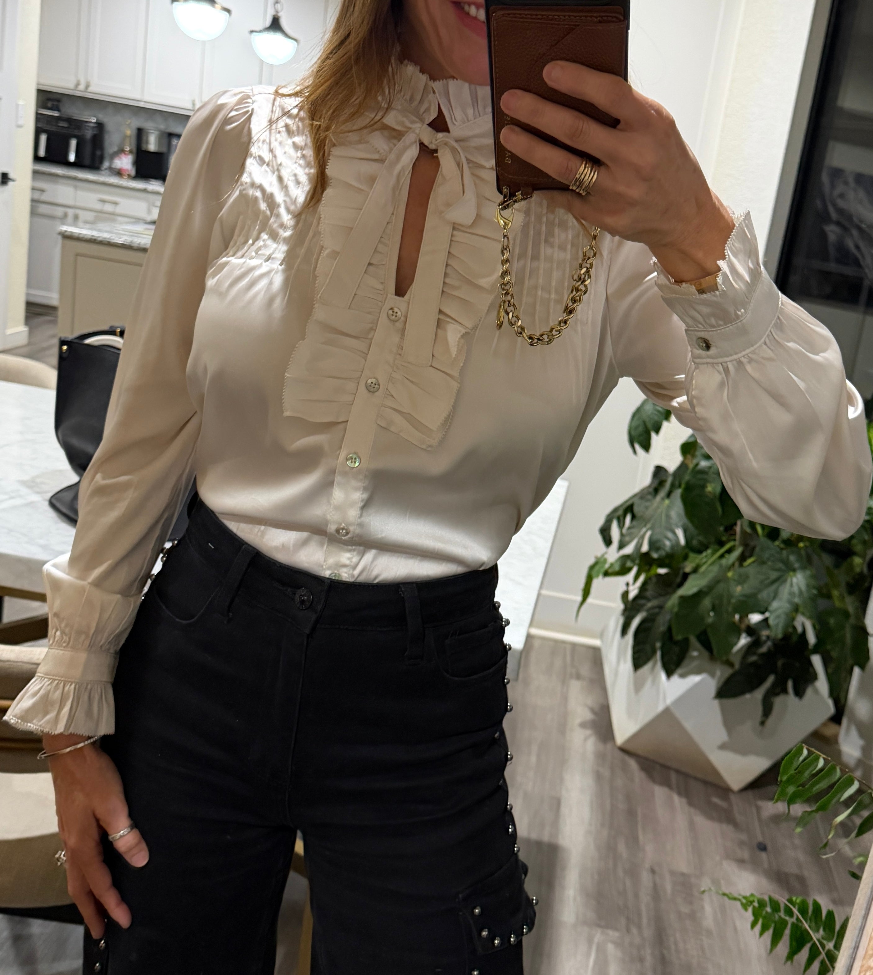 SILKY RUFFLED BUTTON DOWN SHIRT