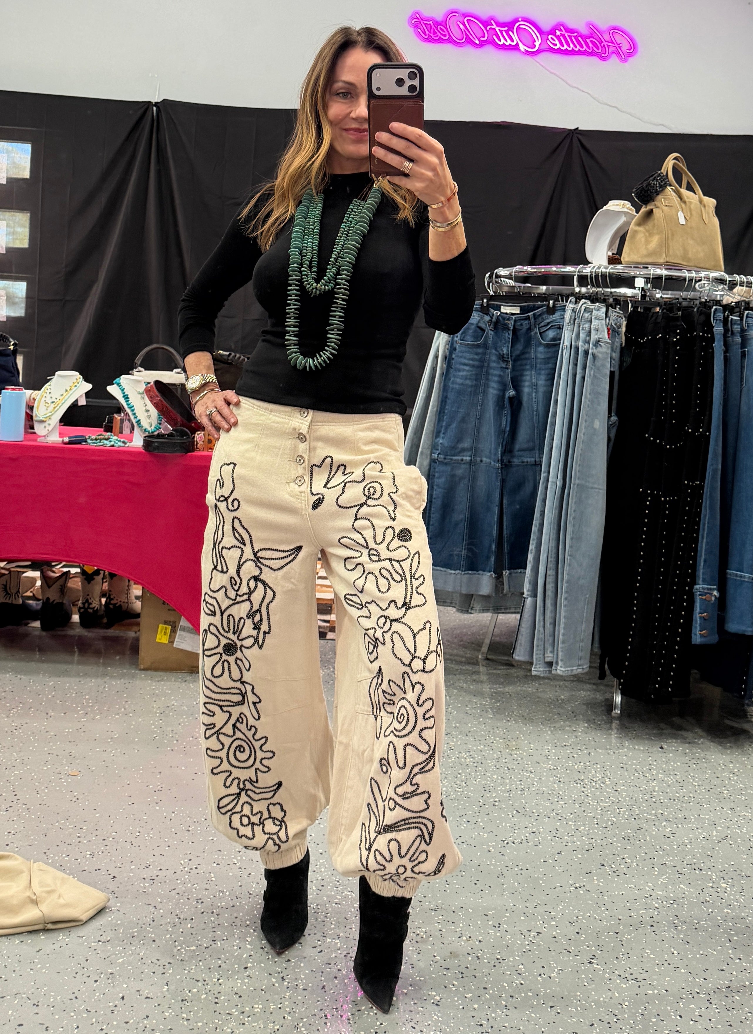 Floral embroidered pattern solid twill pants