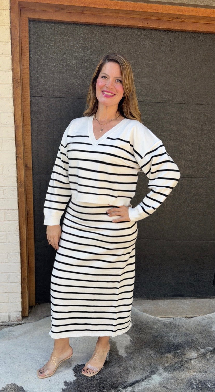 Shop The Look Striped Sweater Set and Layered Denim Trim Jacket