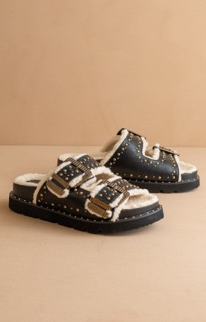 The Gaylen-Studded Buckle Fleece-lined Slides