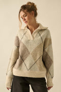 Argyle Plaid Knit Split-Knit Collared Sweater