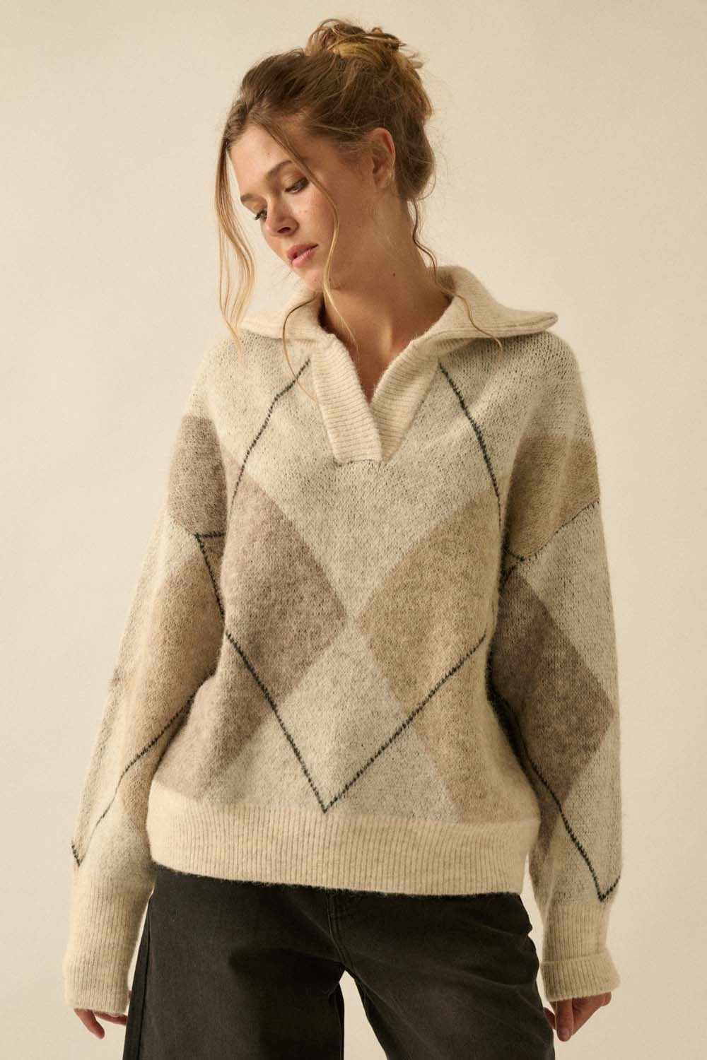 Argyle Plaid Knit Split-Knit Collared Sweater