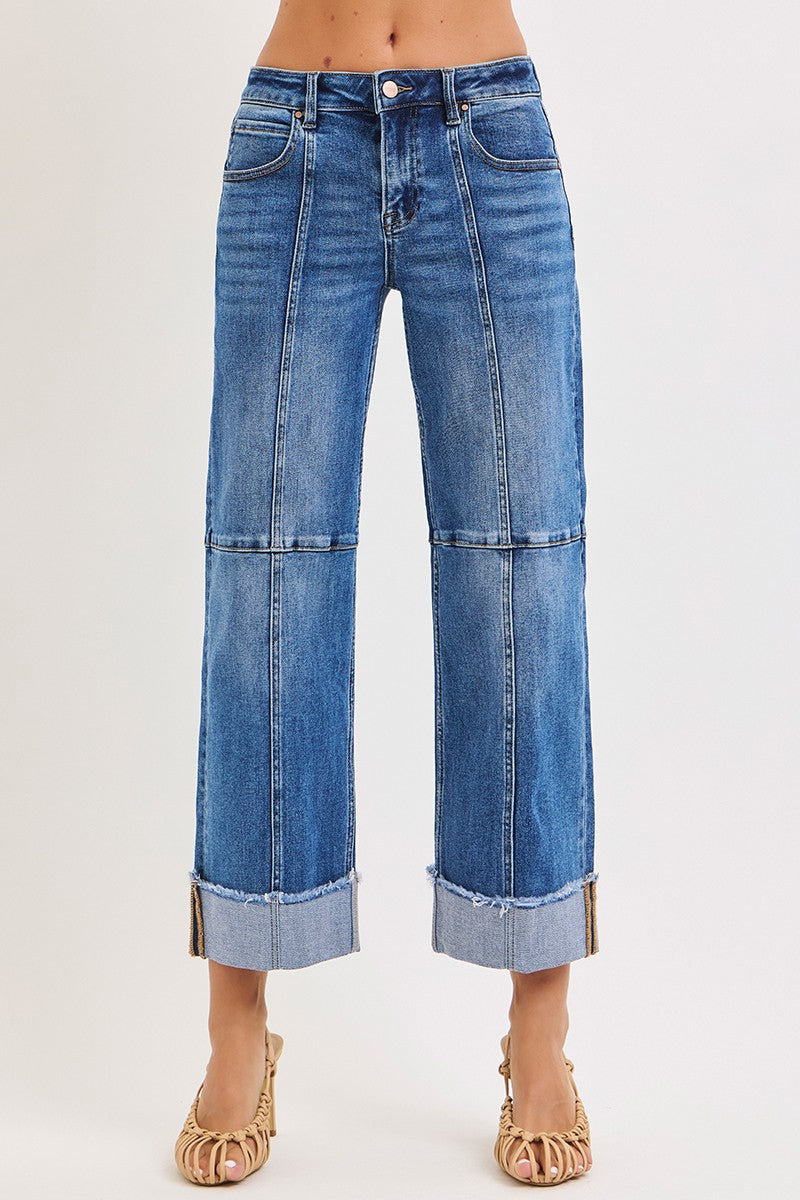 Risen Crop wide Seam Detailed Jeans