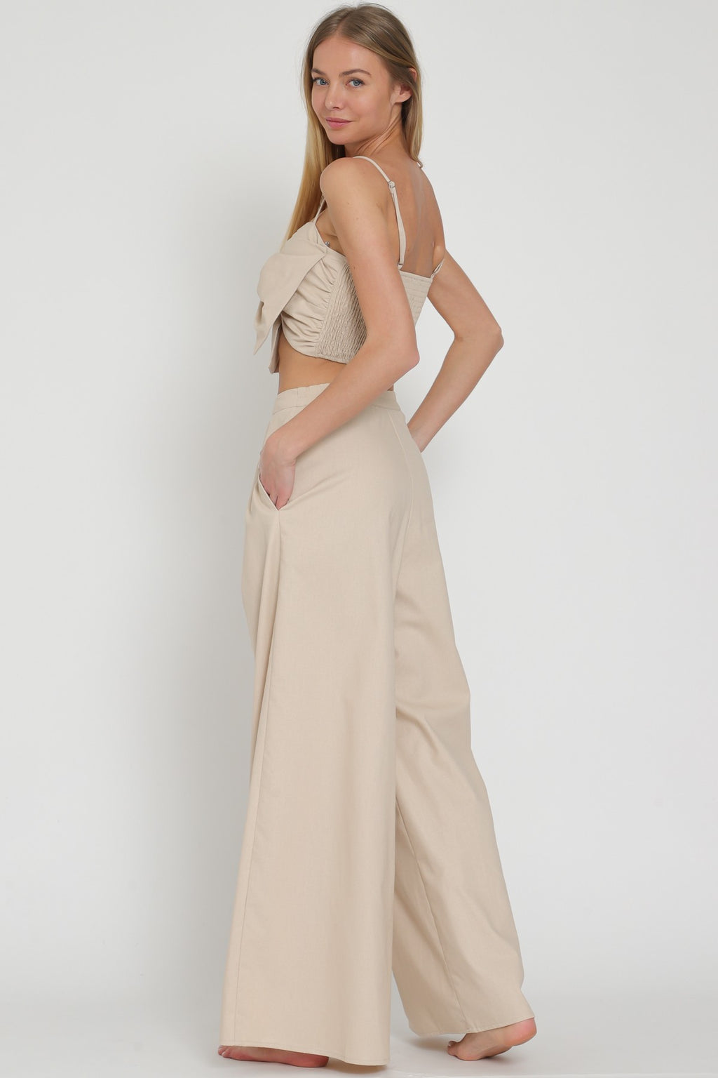 Adjustable Strap Ribbon Top and High Waisted Pant Set