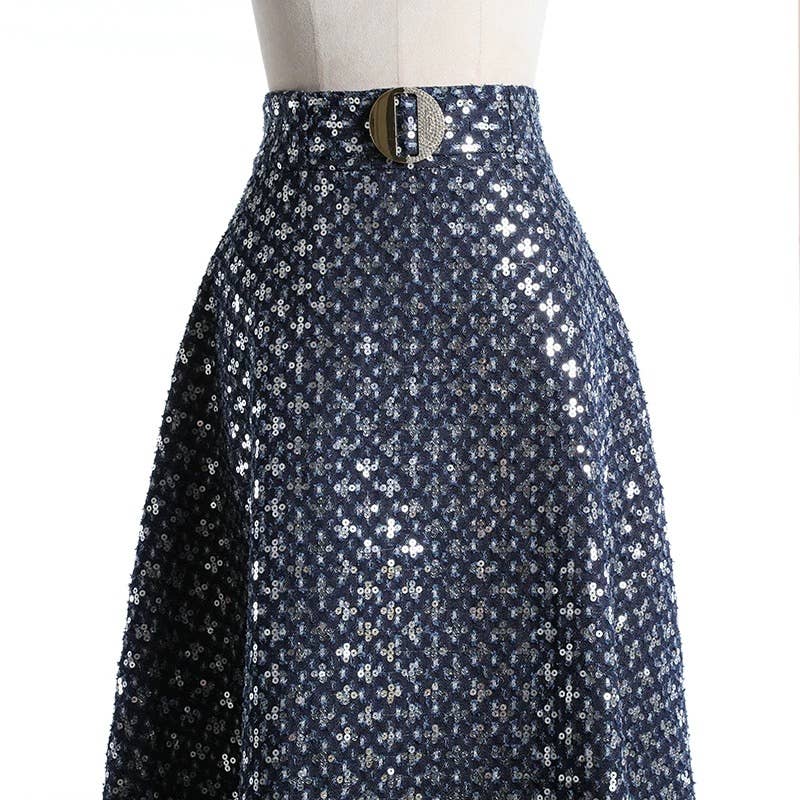 Embroidered Sequin Denim A-Line Skirt-FINAL SALE ITEM