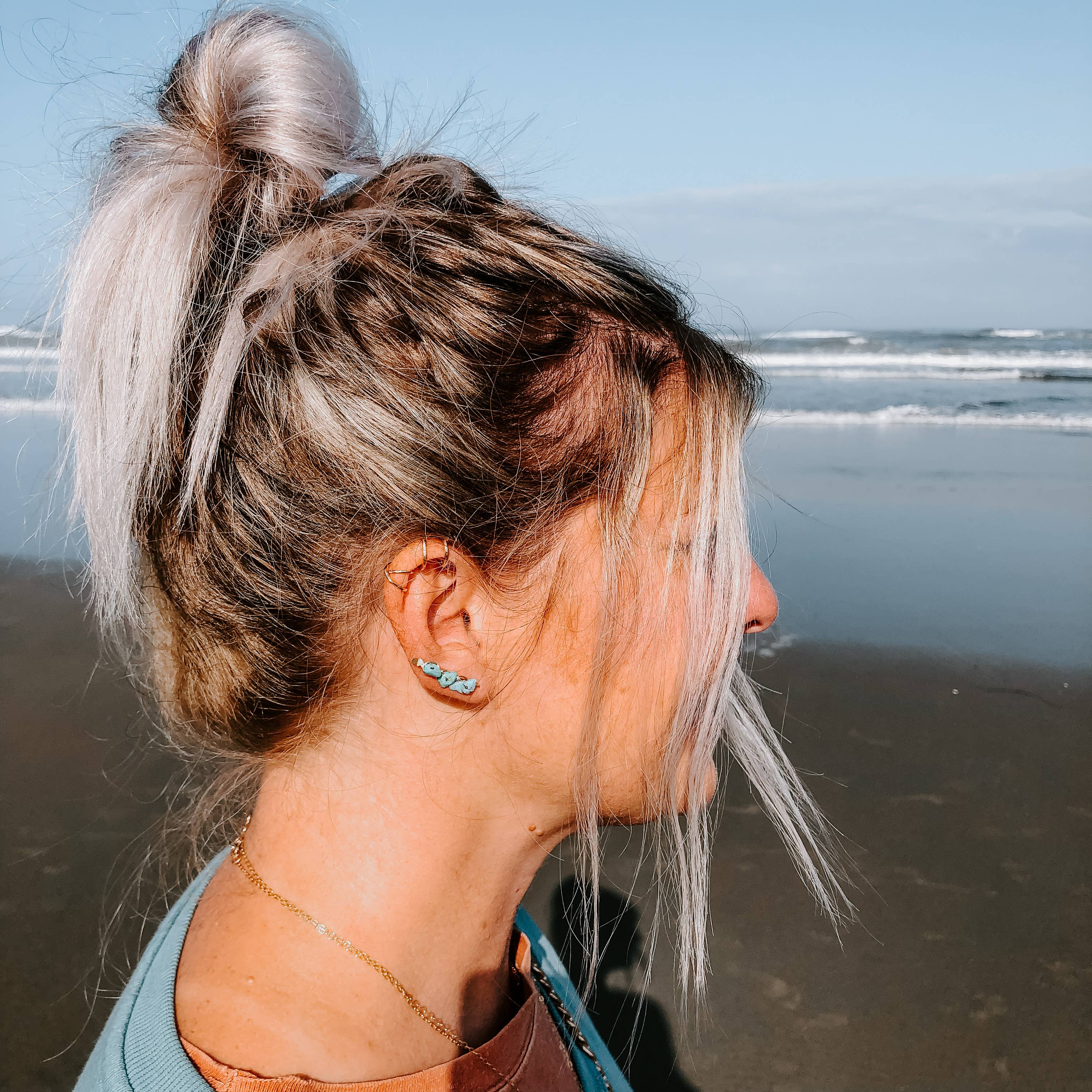 Kingman Turquoise Ear Climbers (Gold or Silver)