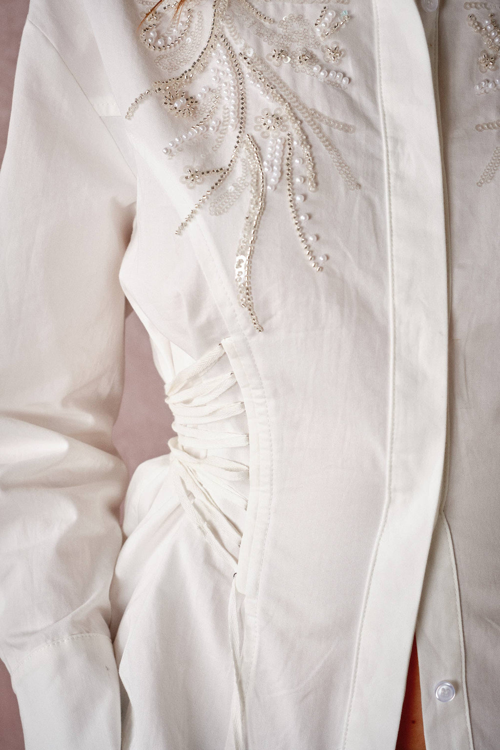 Beaded Embroidery Waist Tie Shirt