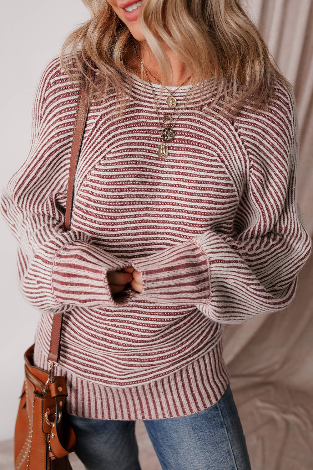 Striped Print Ribbed Knit Boat Neck Baggy Sweater