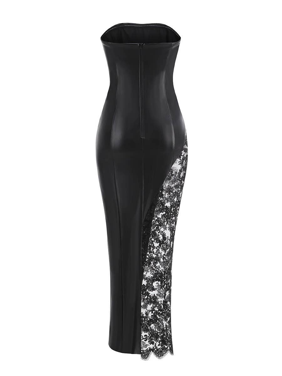 DR1021 Strapless PU Leather Lace Panel Midi Dress Chic