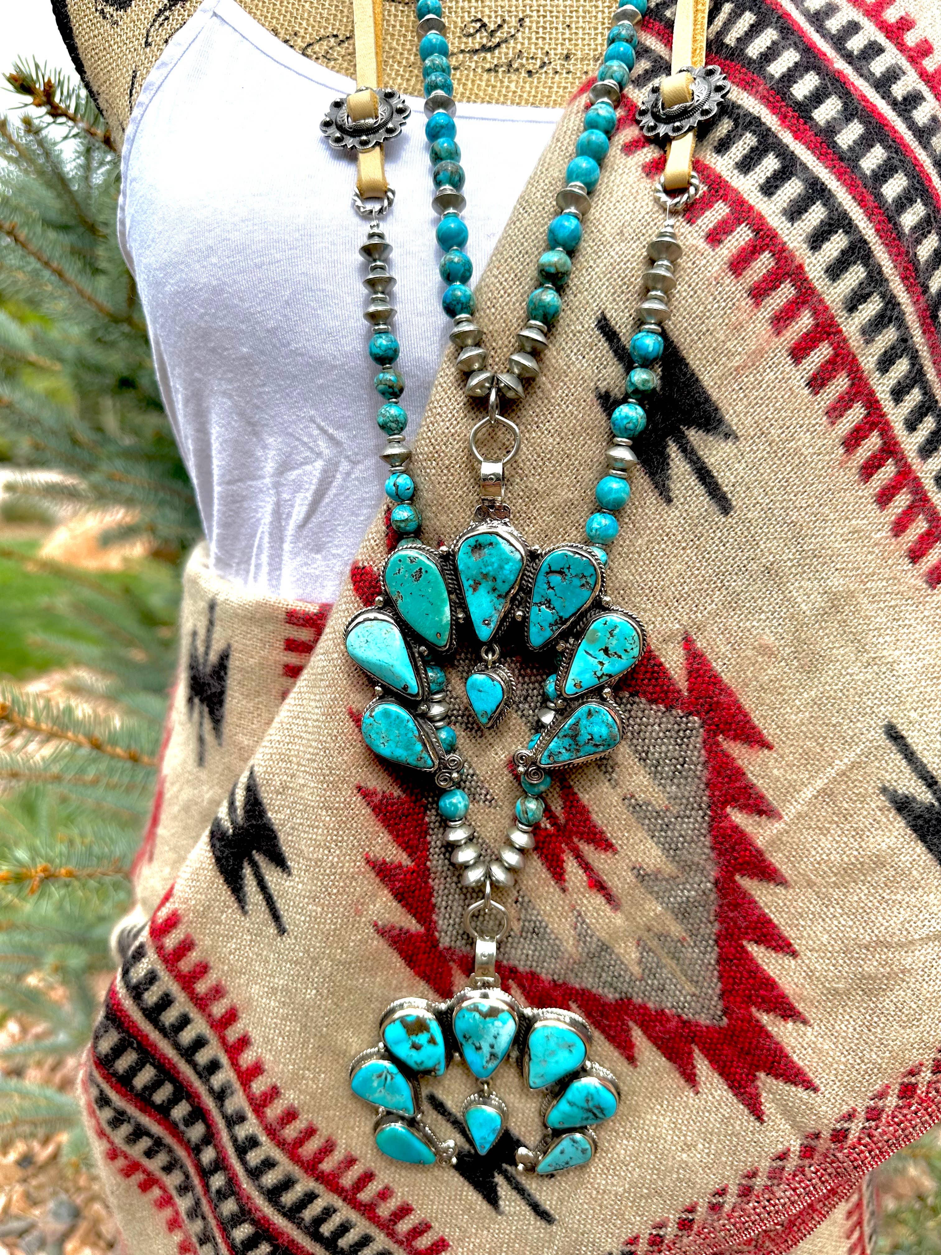 Adjustable Squash Blossom Necklace, Natural Blue Turquoise