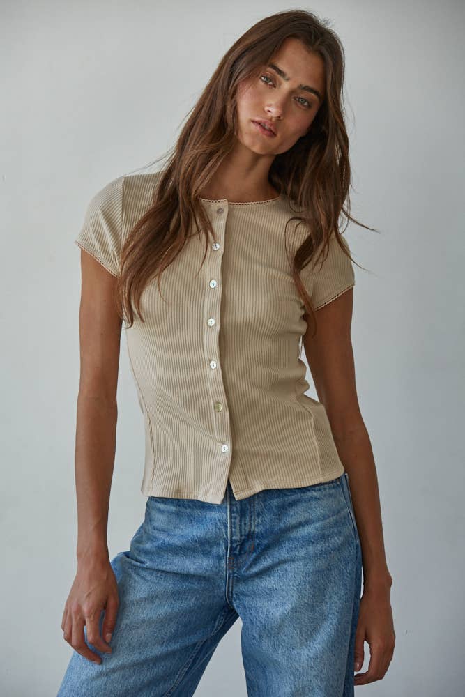 Knit Ribbed Button-down Short Sleeve Cardigan