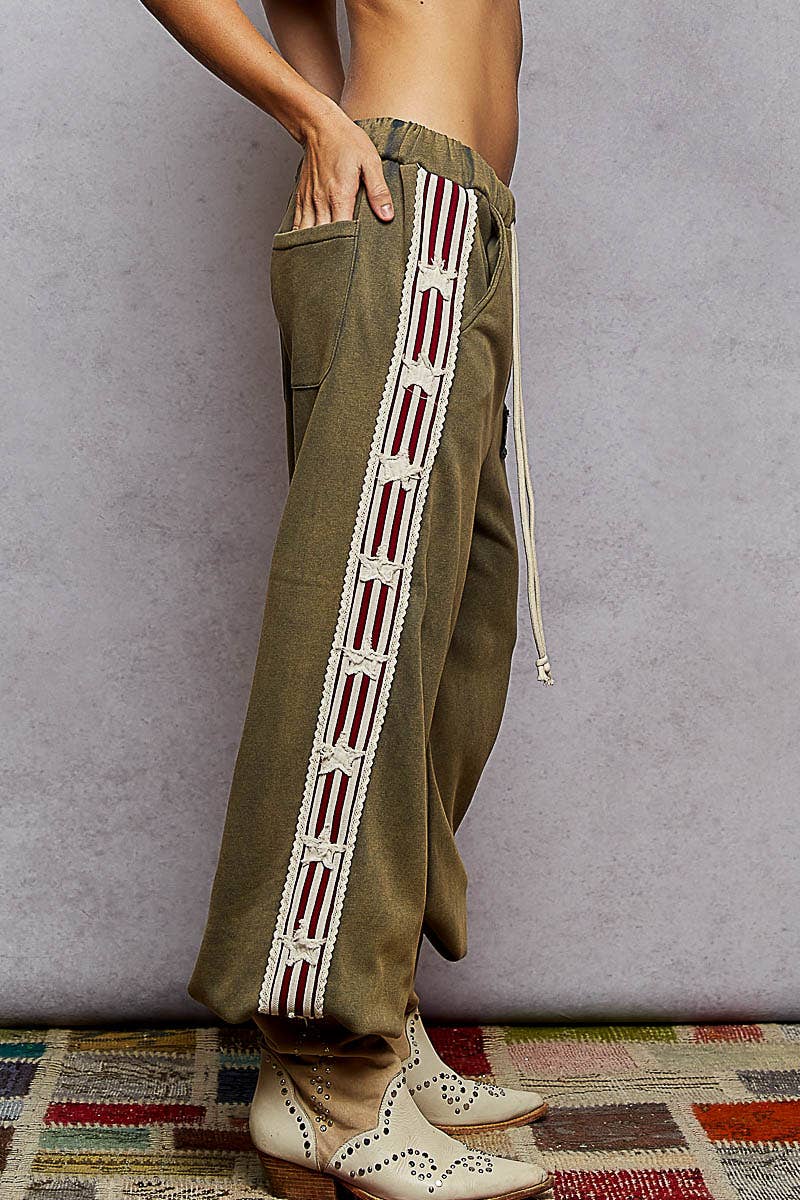 French terry striped patch trim star patch knit pants