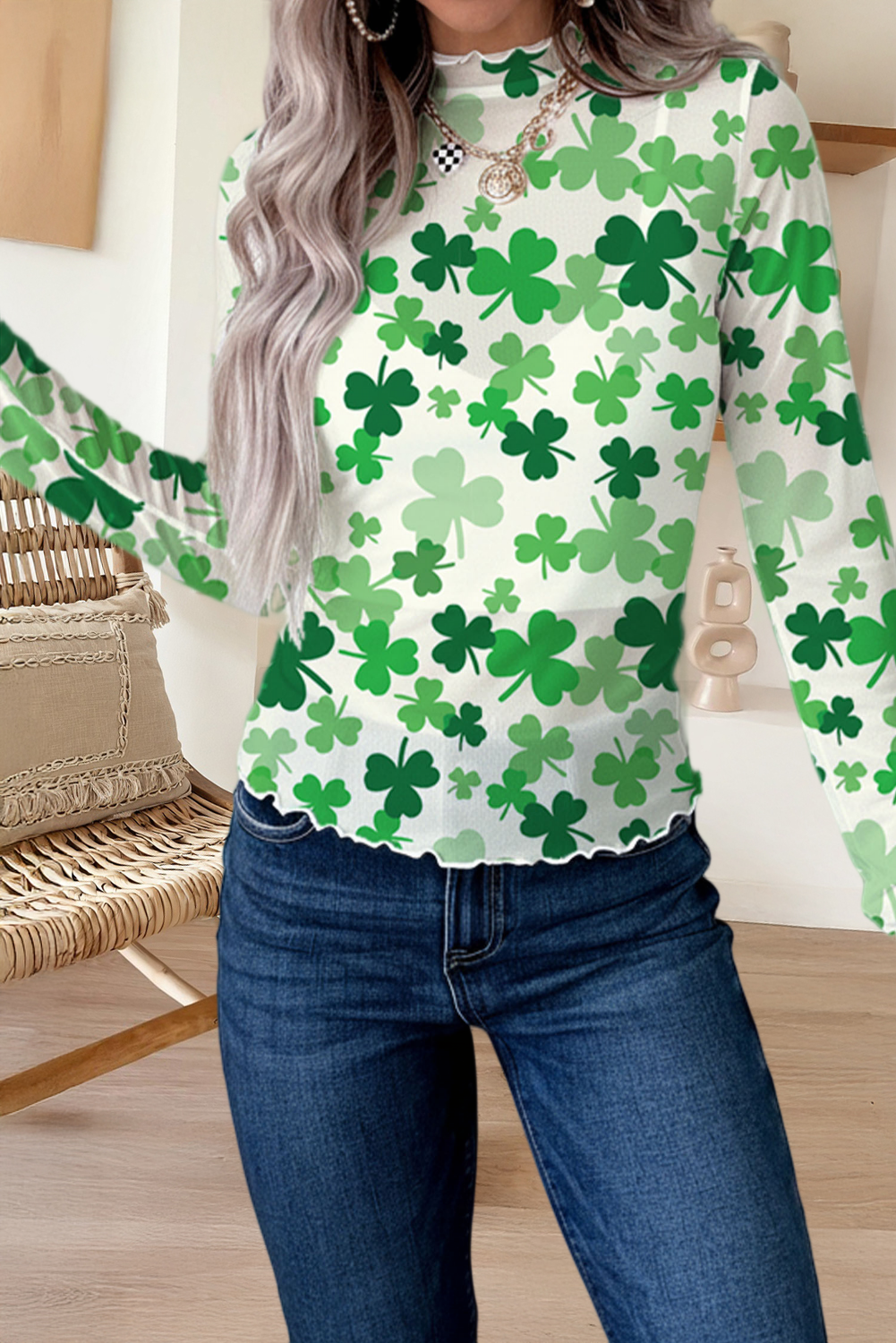 Lucky Shamrock Mock Neck Mesh Top