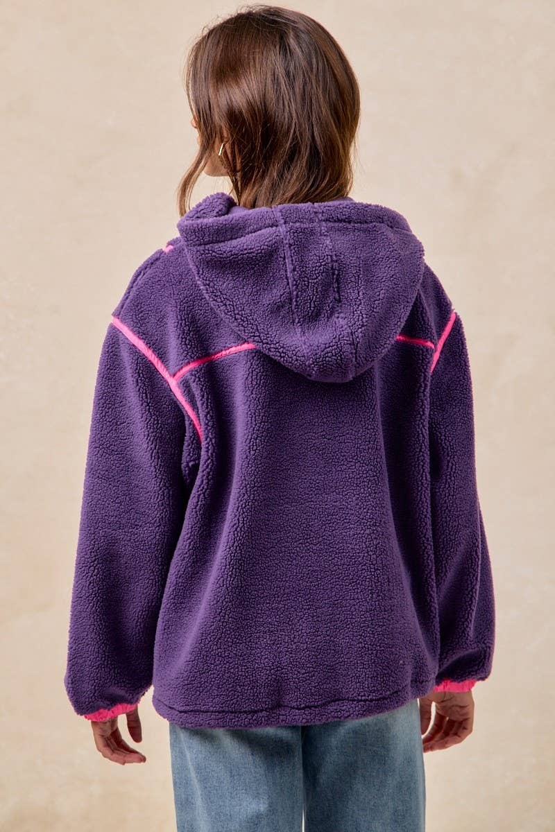 Sherpa Buttoned Hoodie Top With Contrast Binding