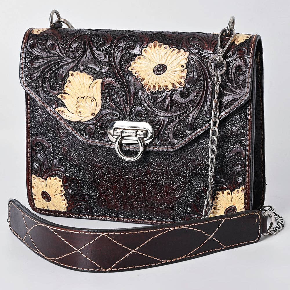 Hand-Tooled Leather Messenger Bag with Floral Design & Chain Strap