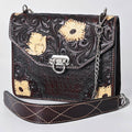 Hand-Tooled Leather Messenger Bag with Floral Design & Chain Strap