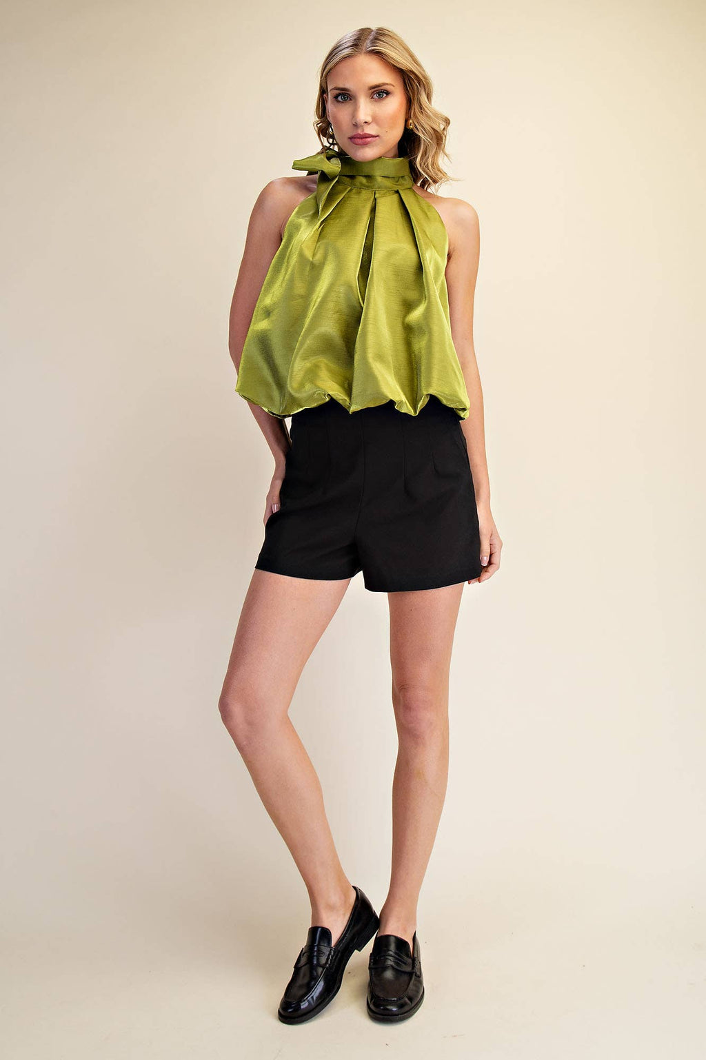 High Neck Tie Wrap Balloon Sleeveless Top