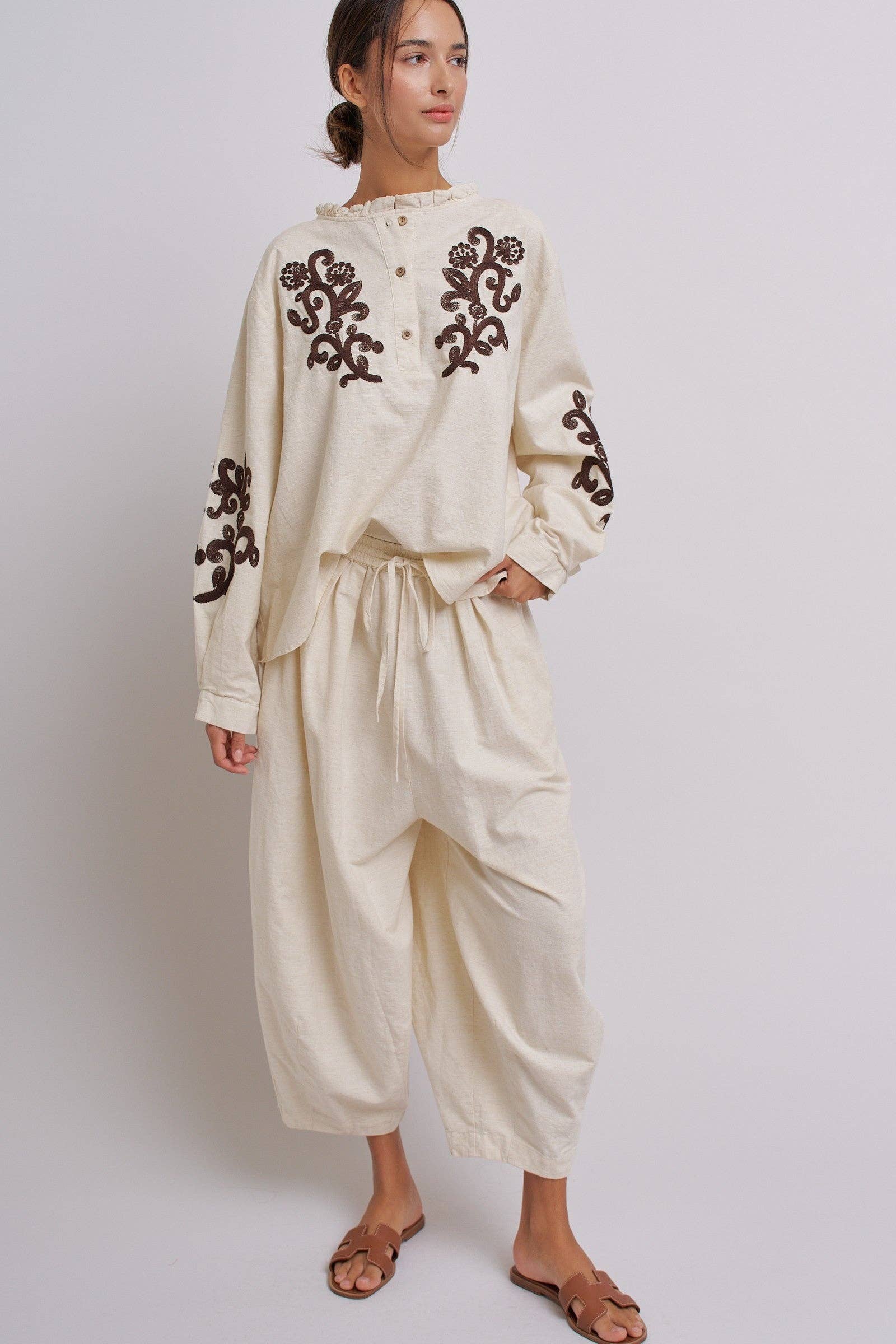 Embroidered Cotton Linen Blouse With Ruffle Collar