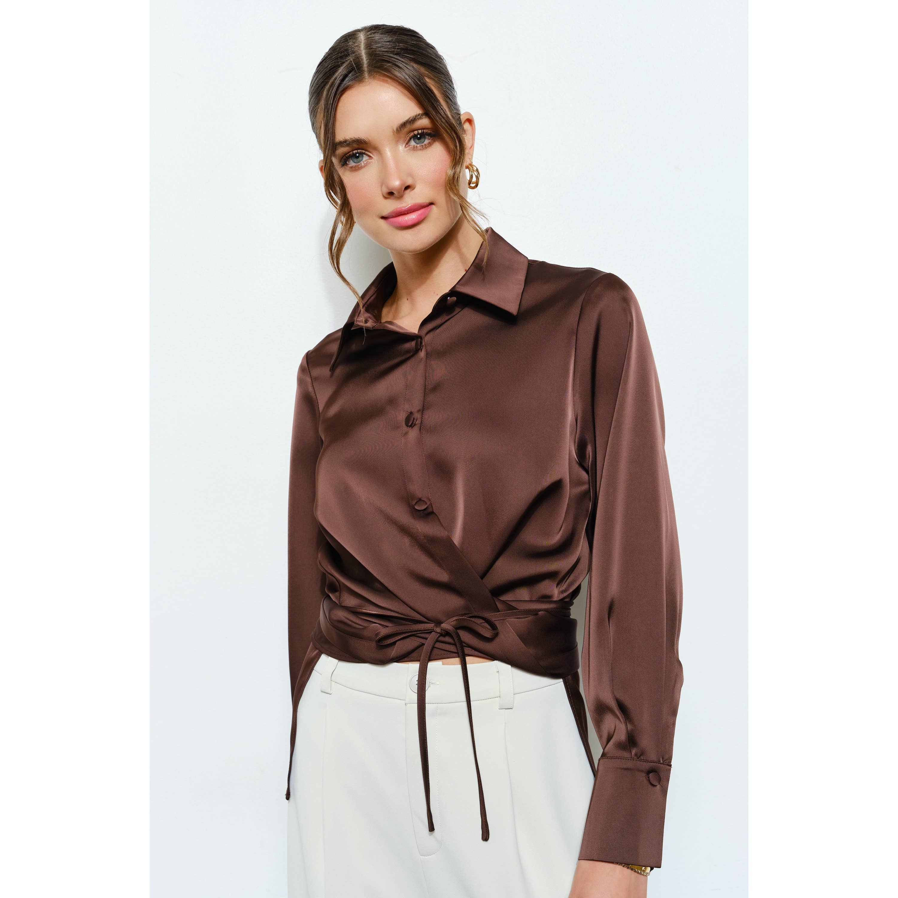 Long Sleeve Satin Wrap Waist Blouse