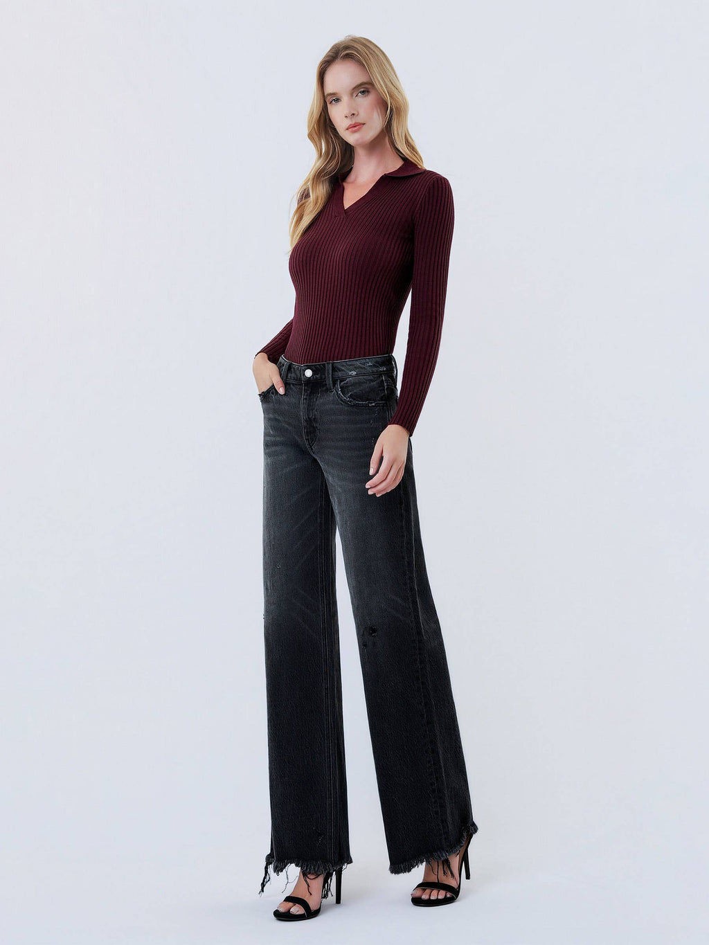 MID RISE DISTRESSED HEM BLACK WIDE LEG  JEANS