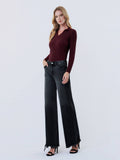 MID RISE DISTRESSED HEM BLACK WIDE LEG  JEANS