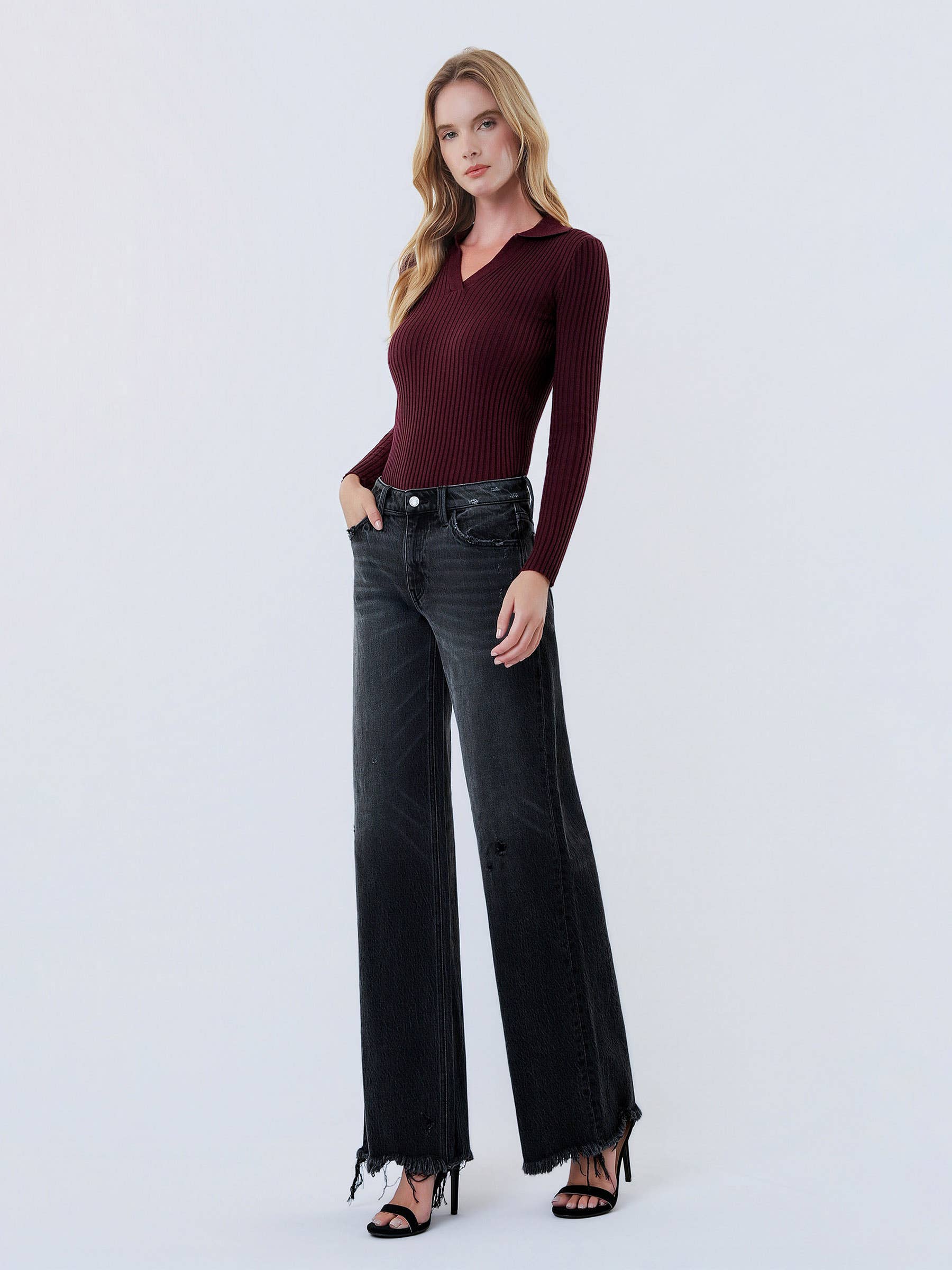 MID RISE DISTRESSED HEM BLACK WIDE LEG  JEANS