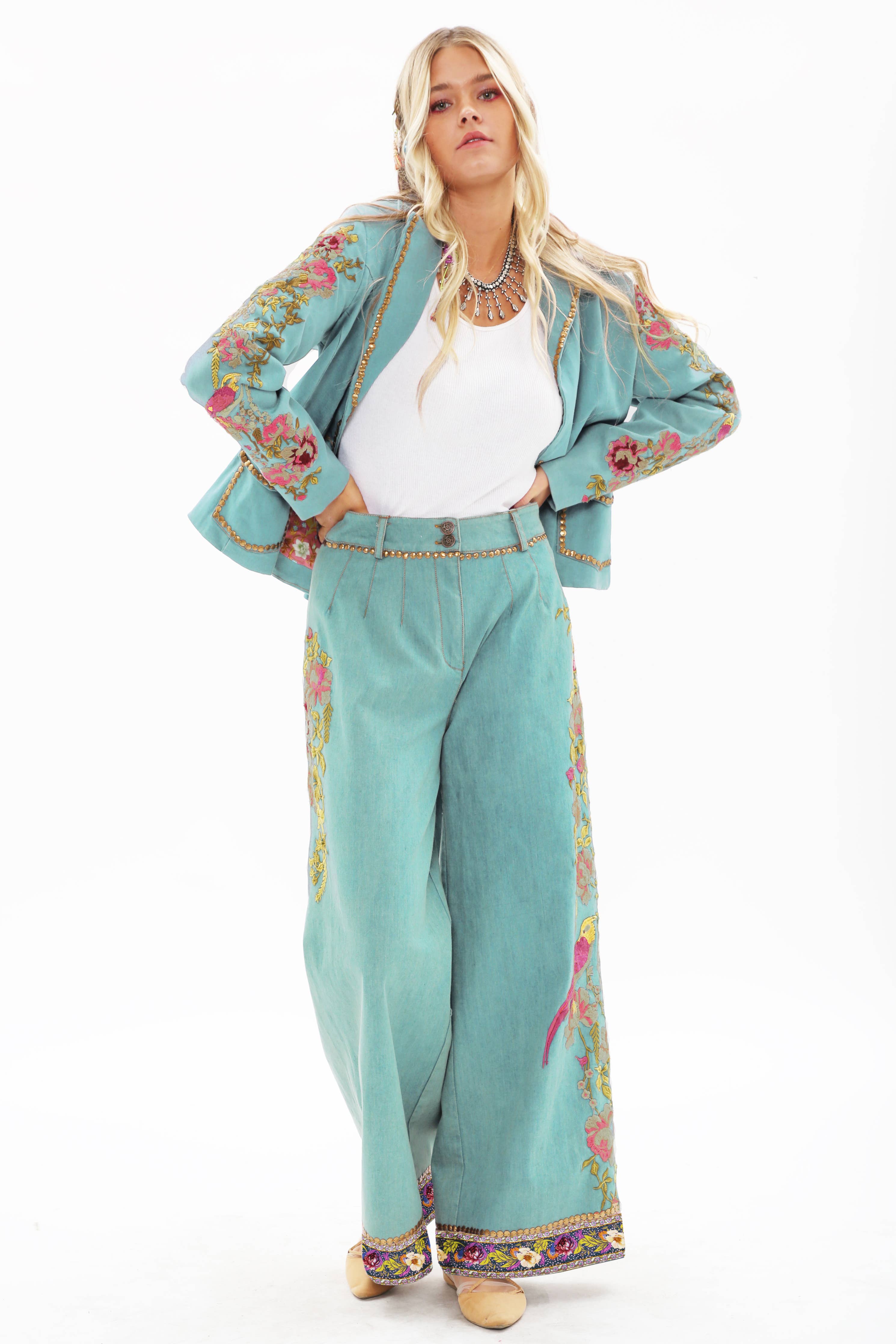 Time to Shine Blazer - Blue | Studded Floral Denim Jacket