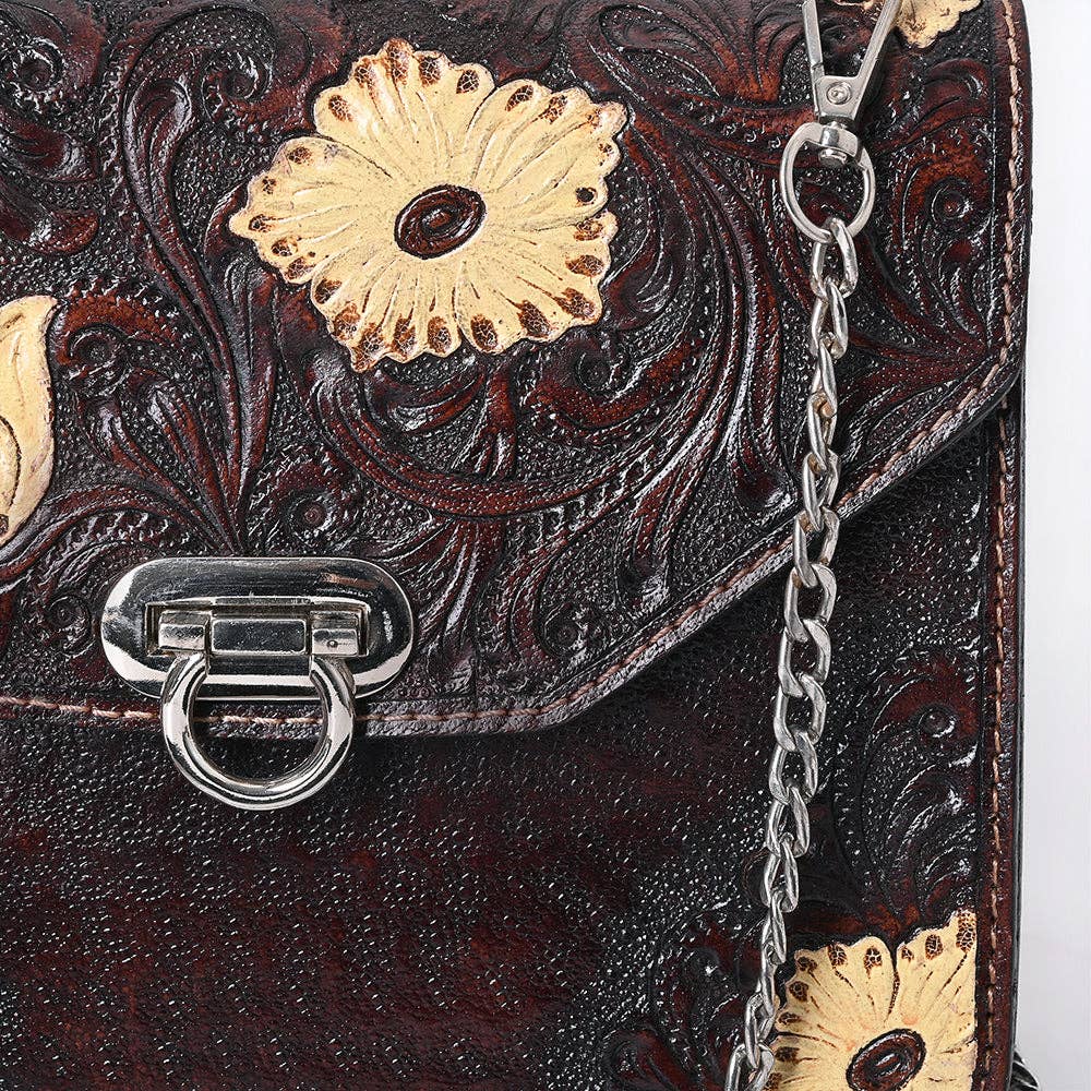 Hand-Tooled Leather Messenger Bag with Floral Design & Chain Strap