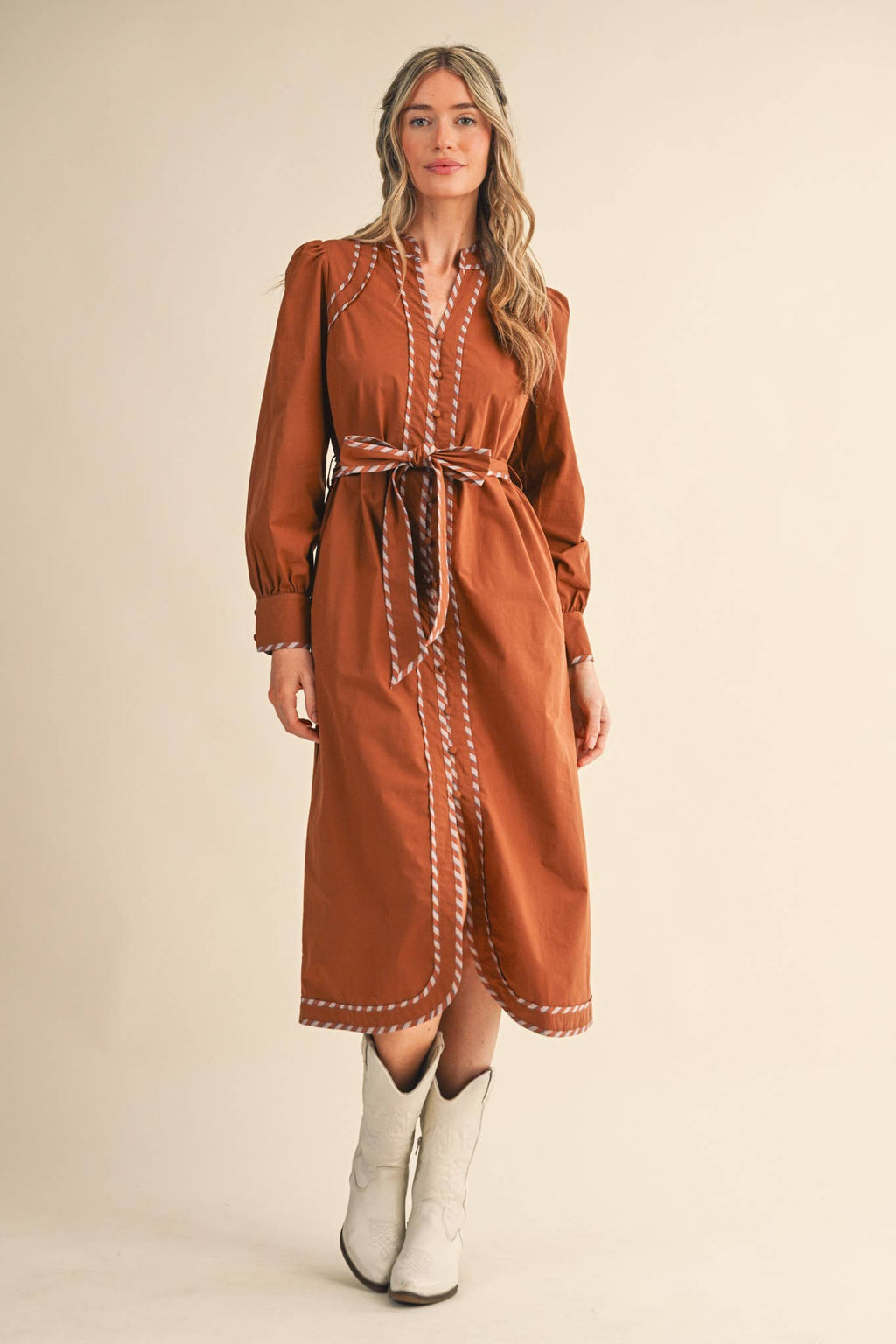 STRIPED CONTRAST BINDING DETAIL BELTED DRESS