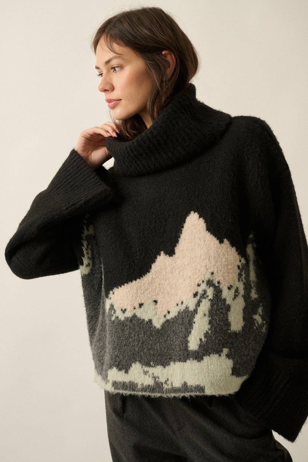 Mountains Fuzzy Jacquard-Knit Turtleneck Sweater