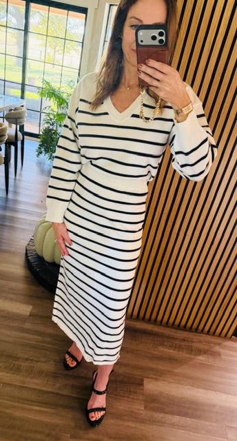 Shop The Look Striped Sweater Set and Layered Denim Trim Jacket