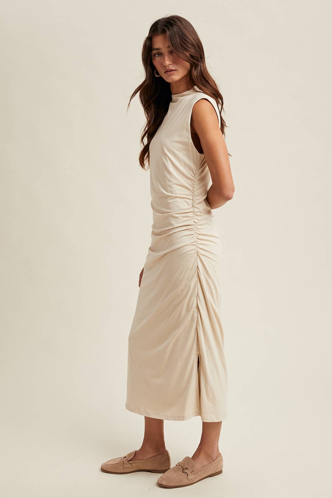 DRAPED MOCK NECK MIDI KNIT DRESS