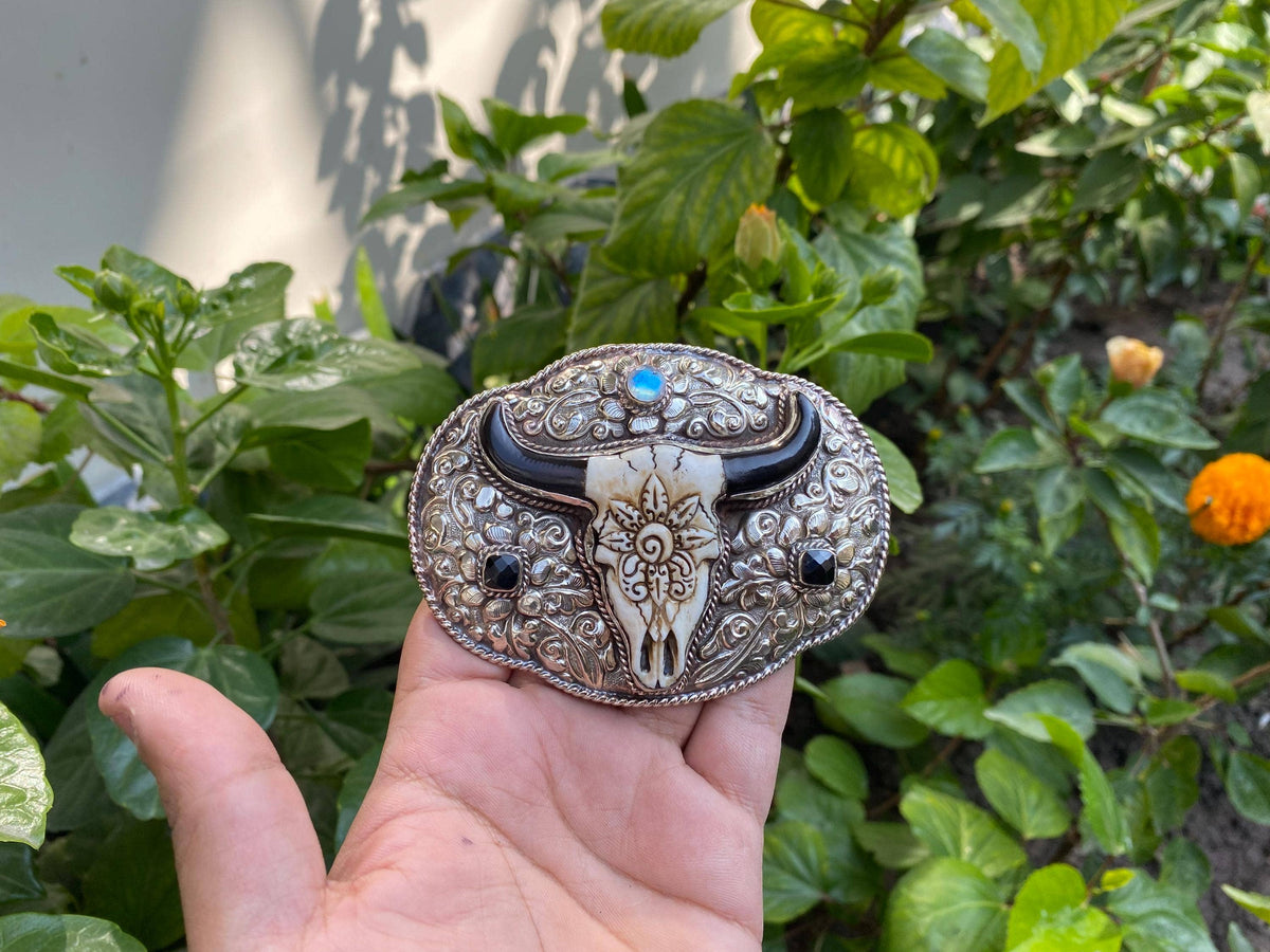 Tibetan Silver with Moonstone, Black Onyx, Buffalo Bone Belt Buckle