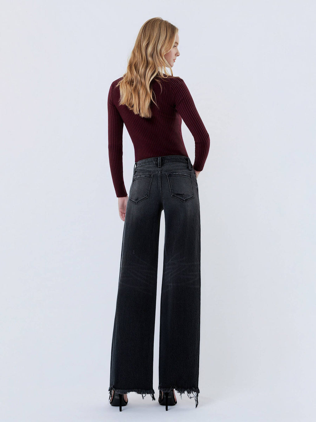MID RISE DISTRESSED HEM BLACK WIDE LEG  JEANS