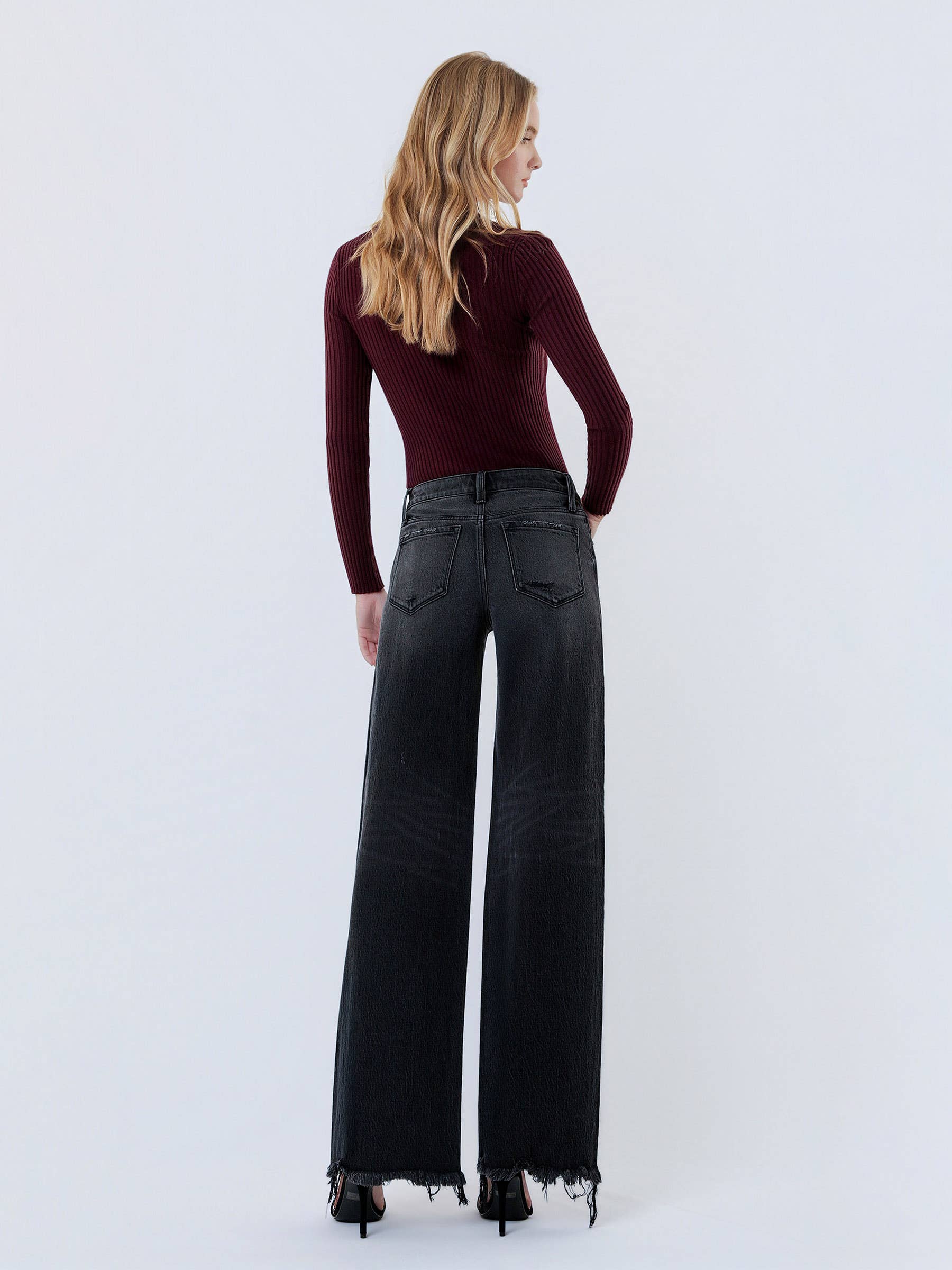 MID RISE DISTRESSED HEM BLACK WIDE LEG  JEANS